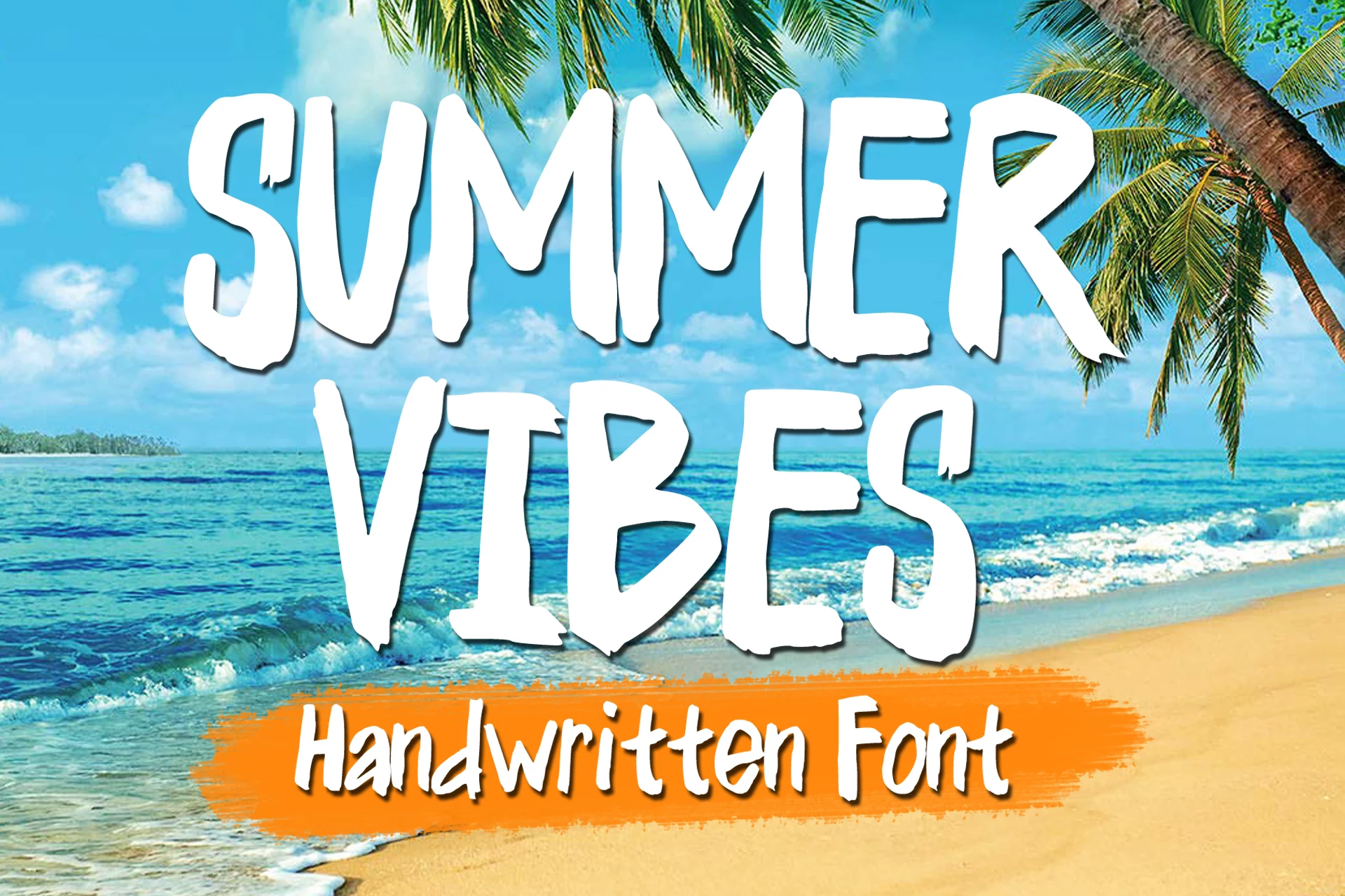 Summer Vibes Font preview with tall white brush lettering and rough painted edges