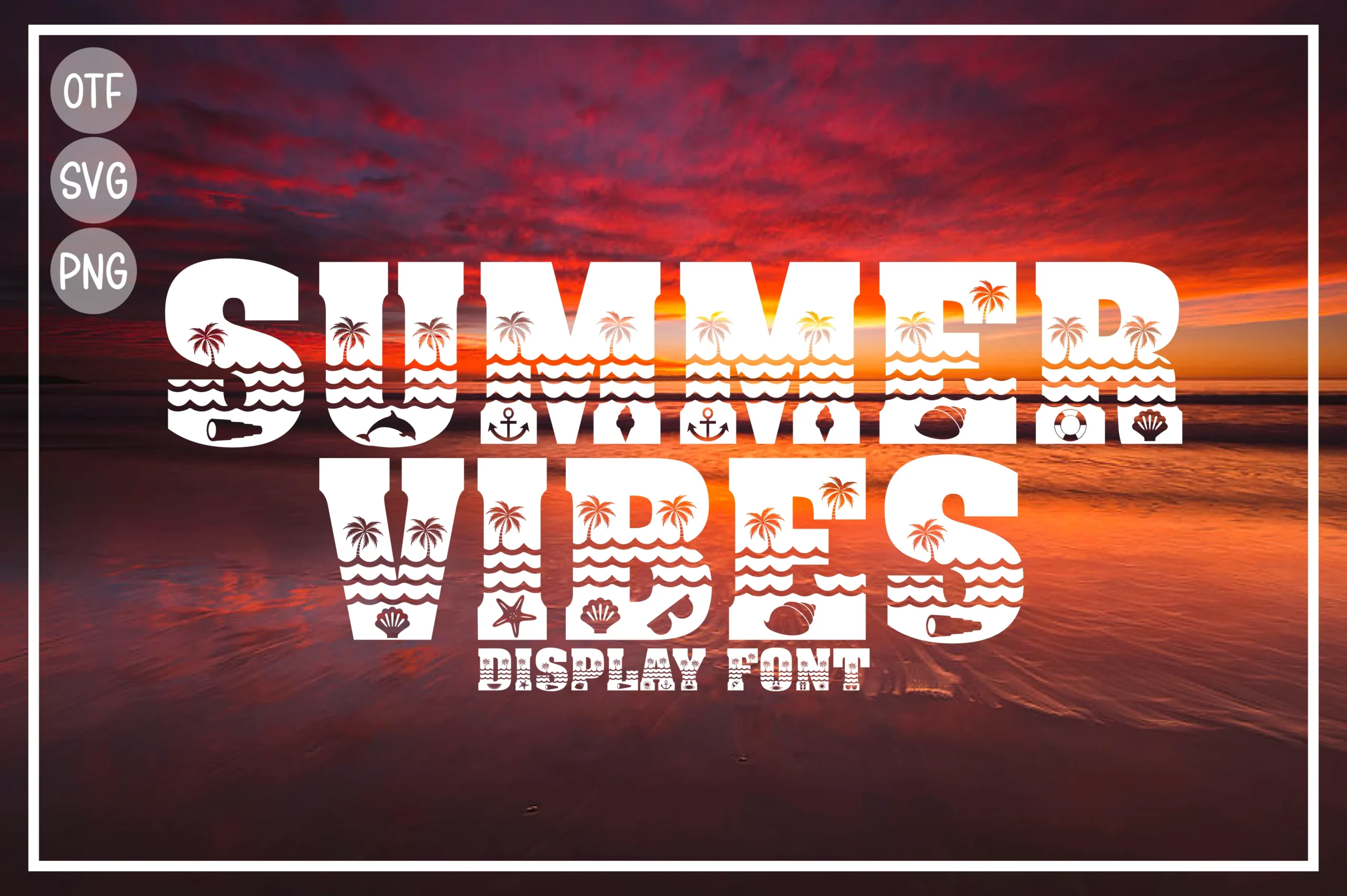 Summer Vibes Font preview with bold white beach-themed letters filled with waves, palm trees, and seashell icons