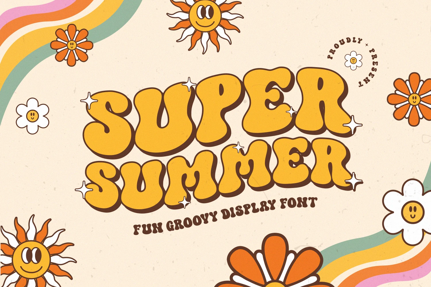 Super Summer Font preview with chunky yellow groovy letters and a brown shadow