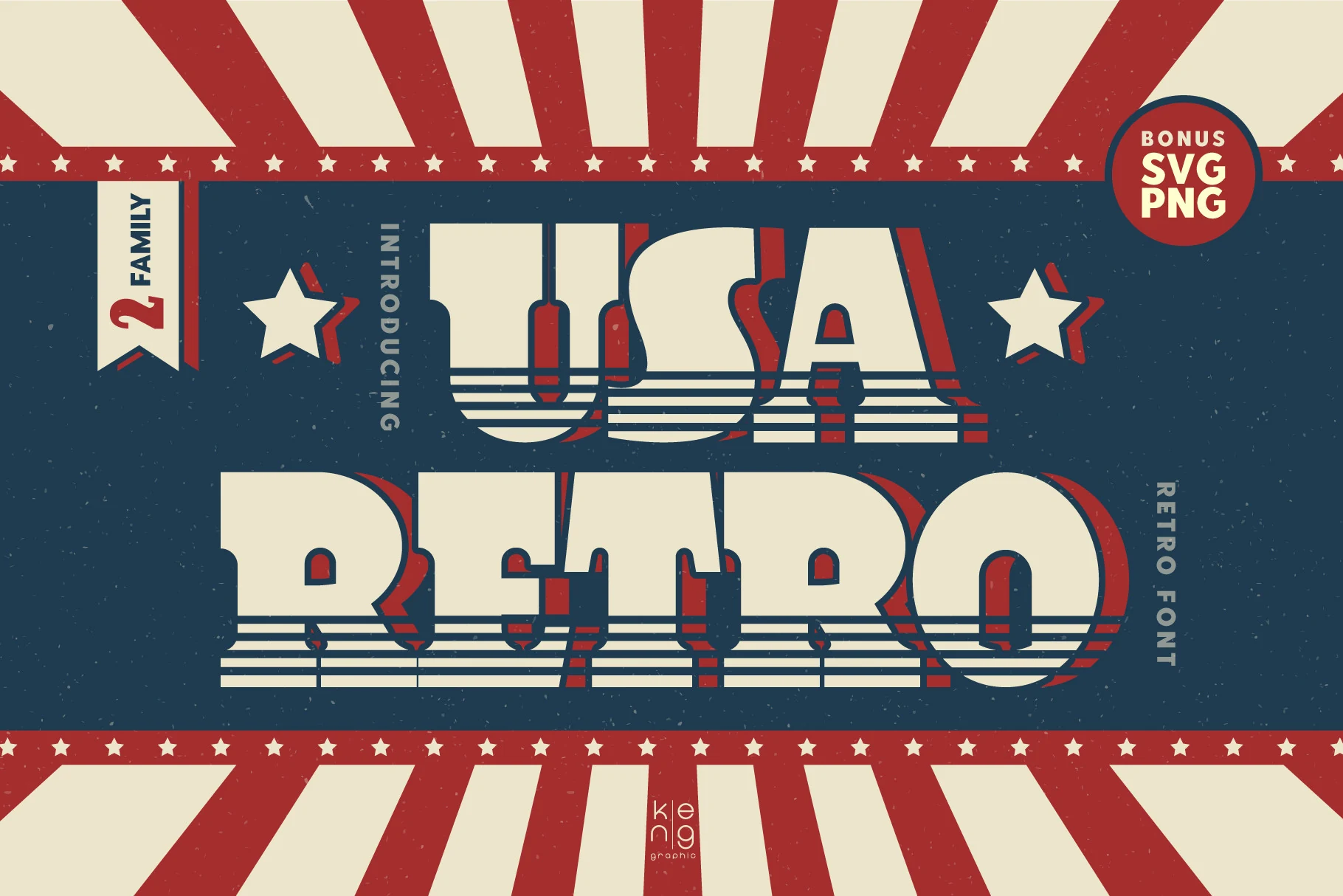 Usa Retro Font preview with cream block retro lettering, stripe cutouts, and red shadow