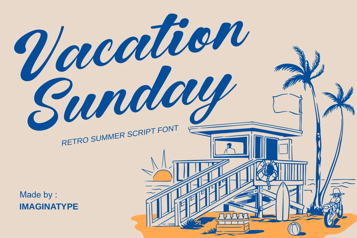 Vacation Sunday Font preview with bold blue retro script lettering and a vintage beach sign feel
