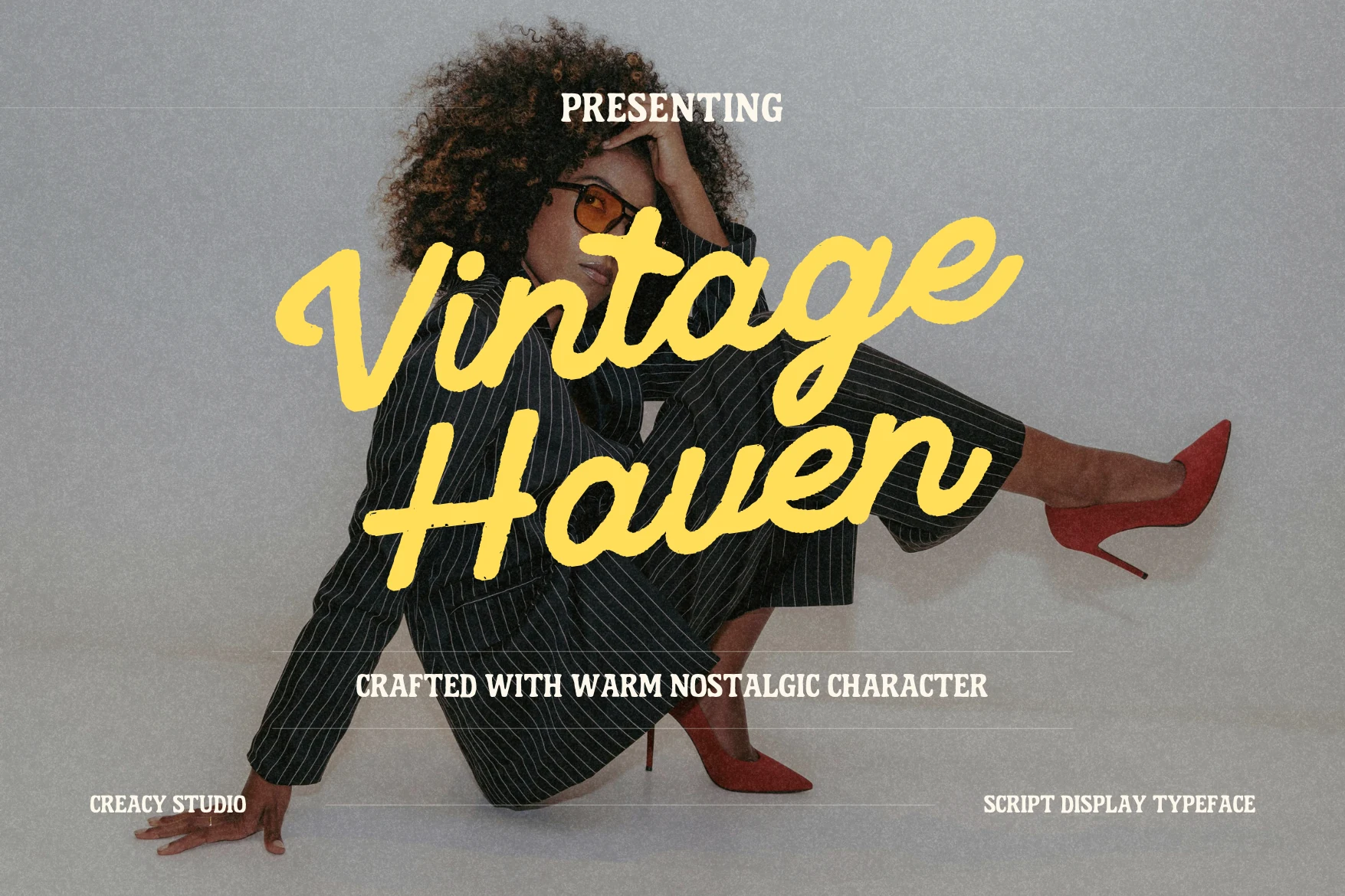 Vintage Haven Font preview with yellow brush script lettering and soft nostalgic texture