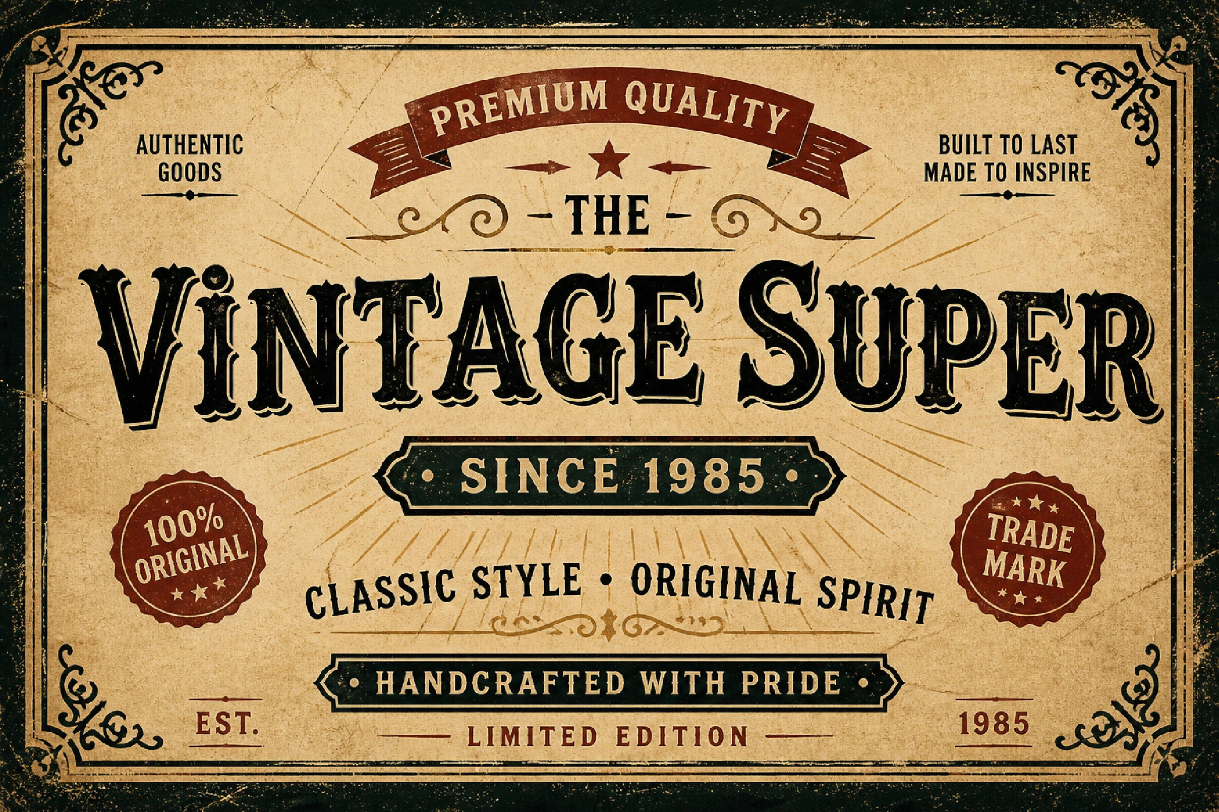 Vintage Super Font preview with bold ornate serif lettering in a distressed vintage label style