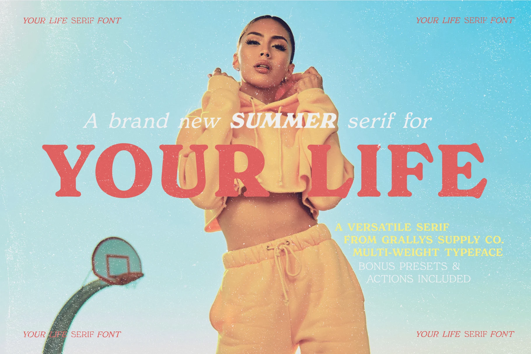 Your Life Font preview with bold coral retro serif lettering on a blue summer fashion poster