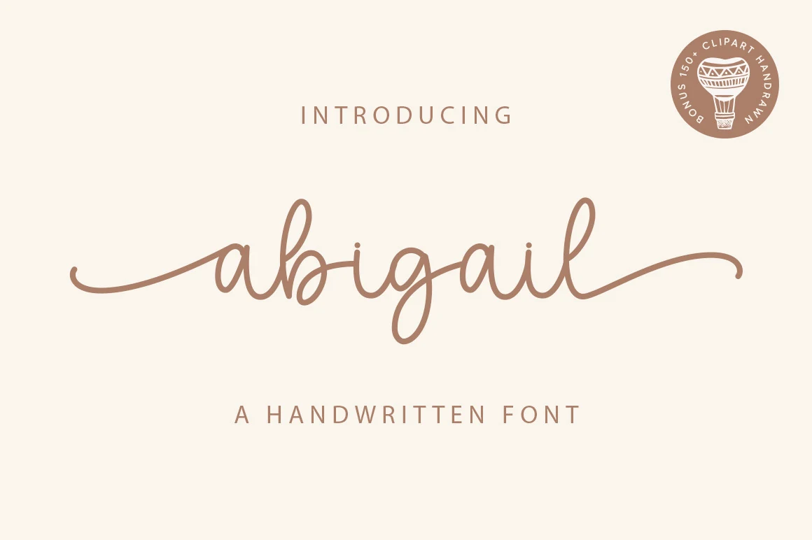 Abigail Font preview in light brown monoline handwritten script with long entry and exit swashes