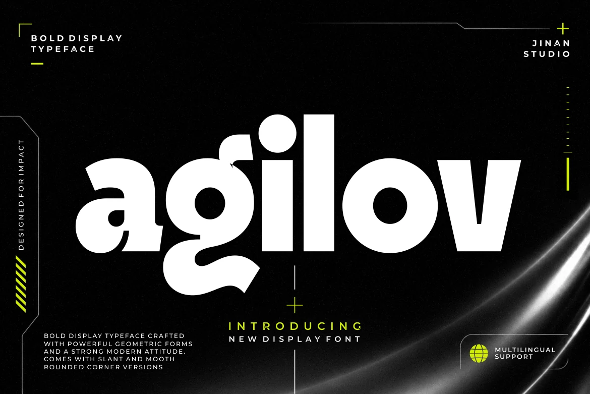 Agilov Font preview with bold futuristic display lettering and rounded geometric forms