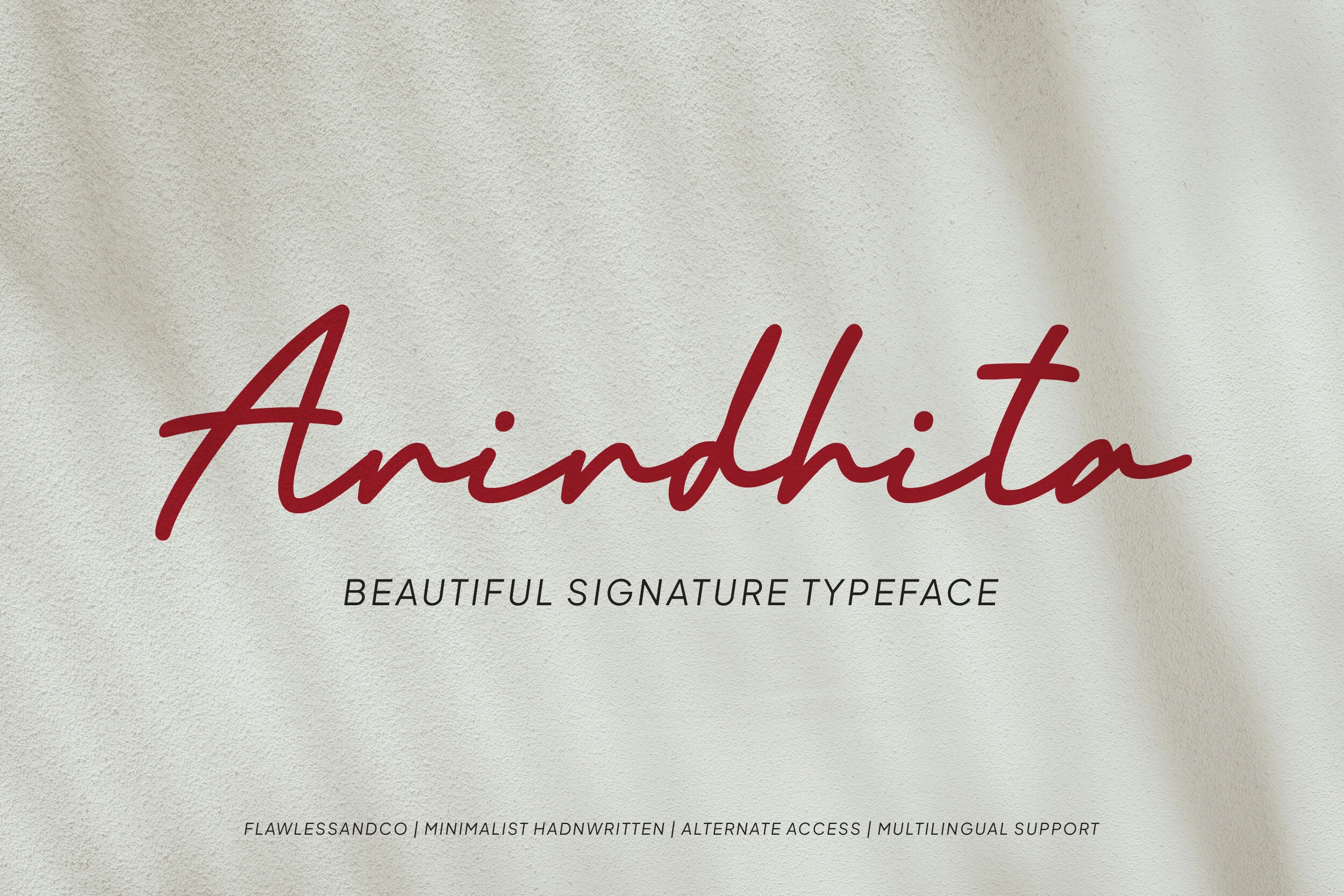 Anindhita Font preview with red flowing signature script, rounded strokes, and long slanted capitals