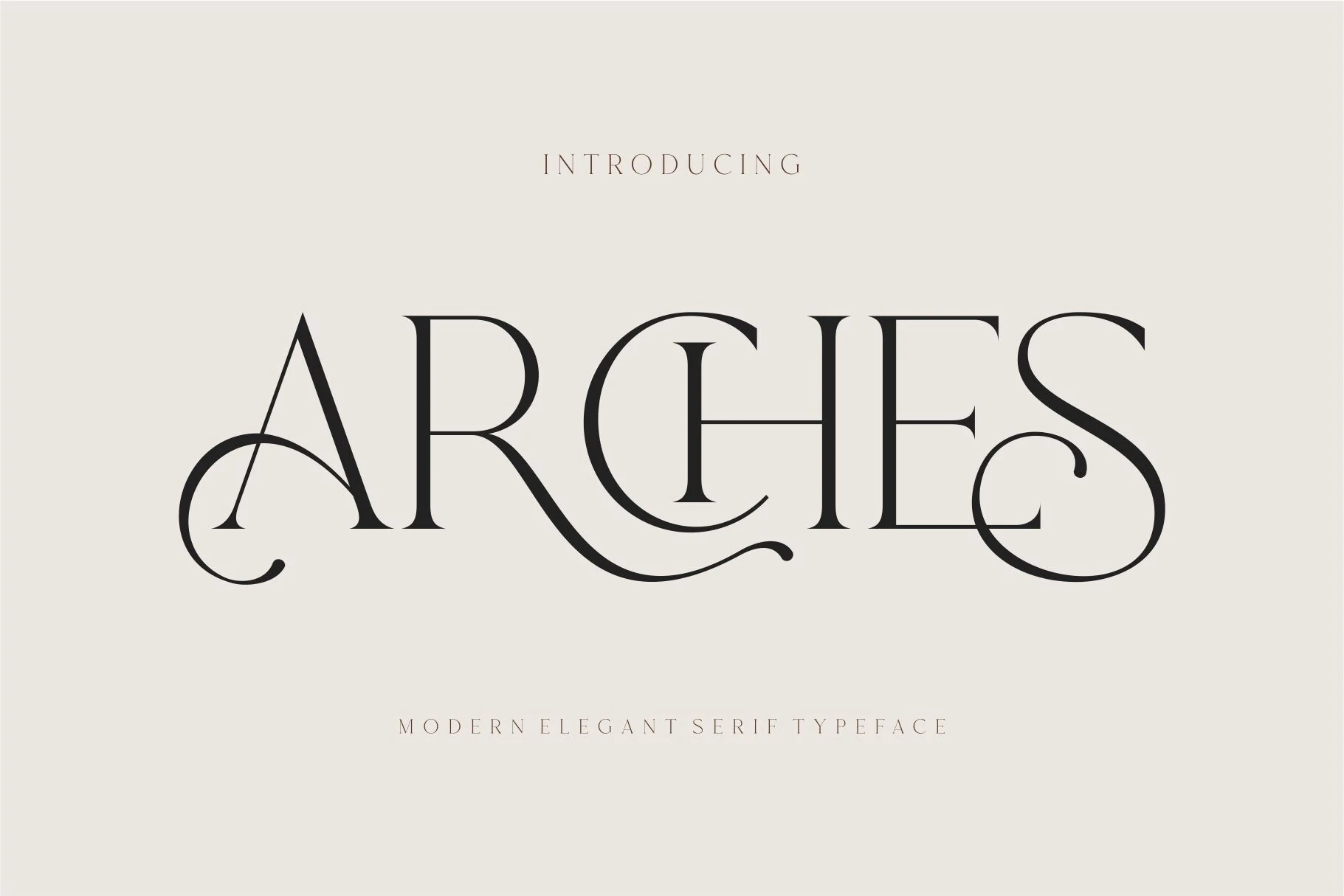 Arches Font preview with black high-contrast serif lettering and sweeping swash ligatures for logo design