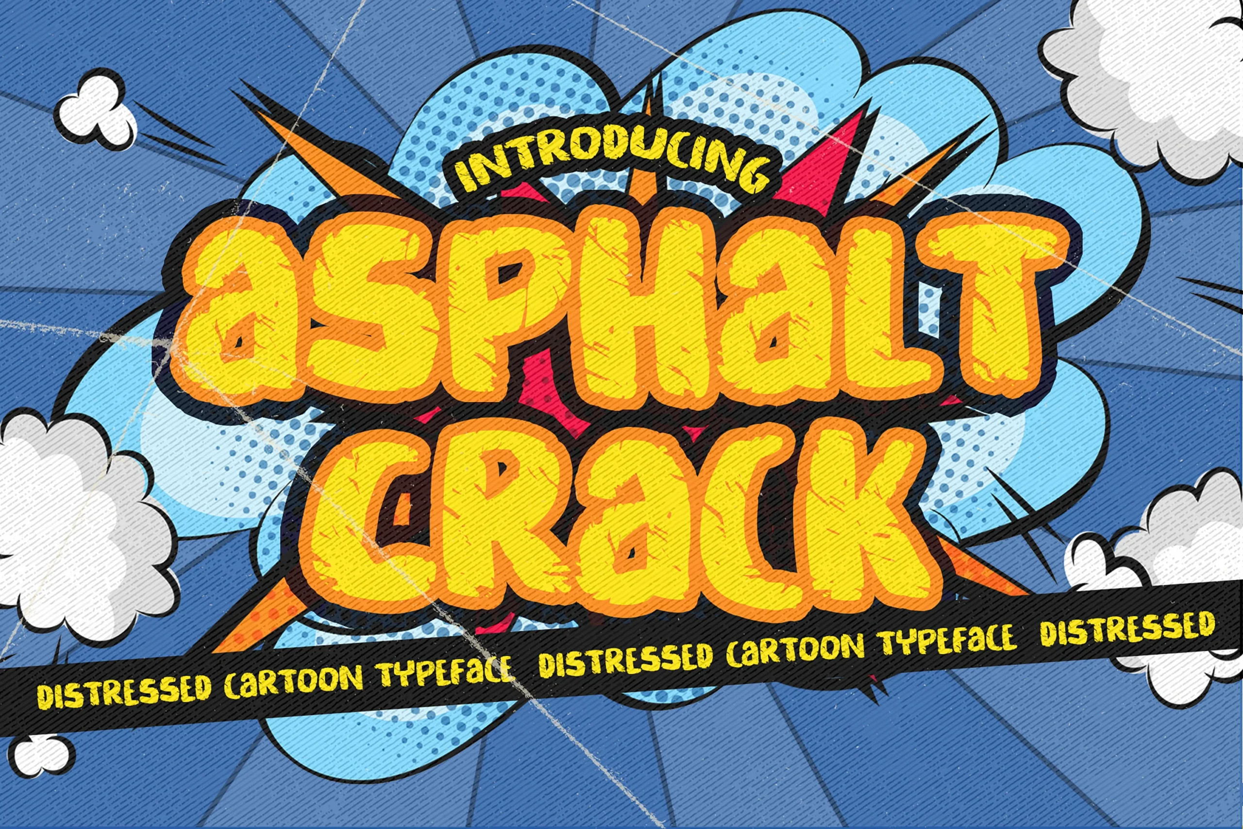 Asphalt Crack Font preview with chunky distressed cartoon lettering, yellow fill, and bold outline