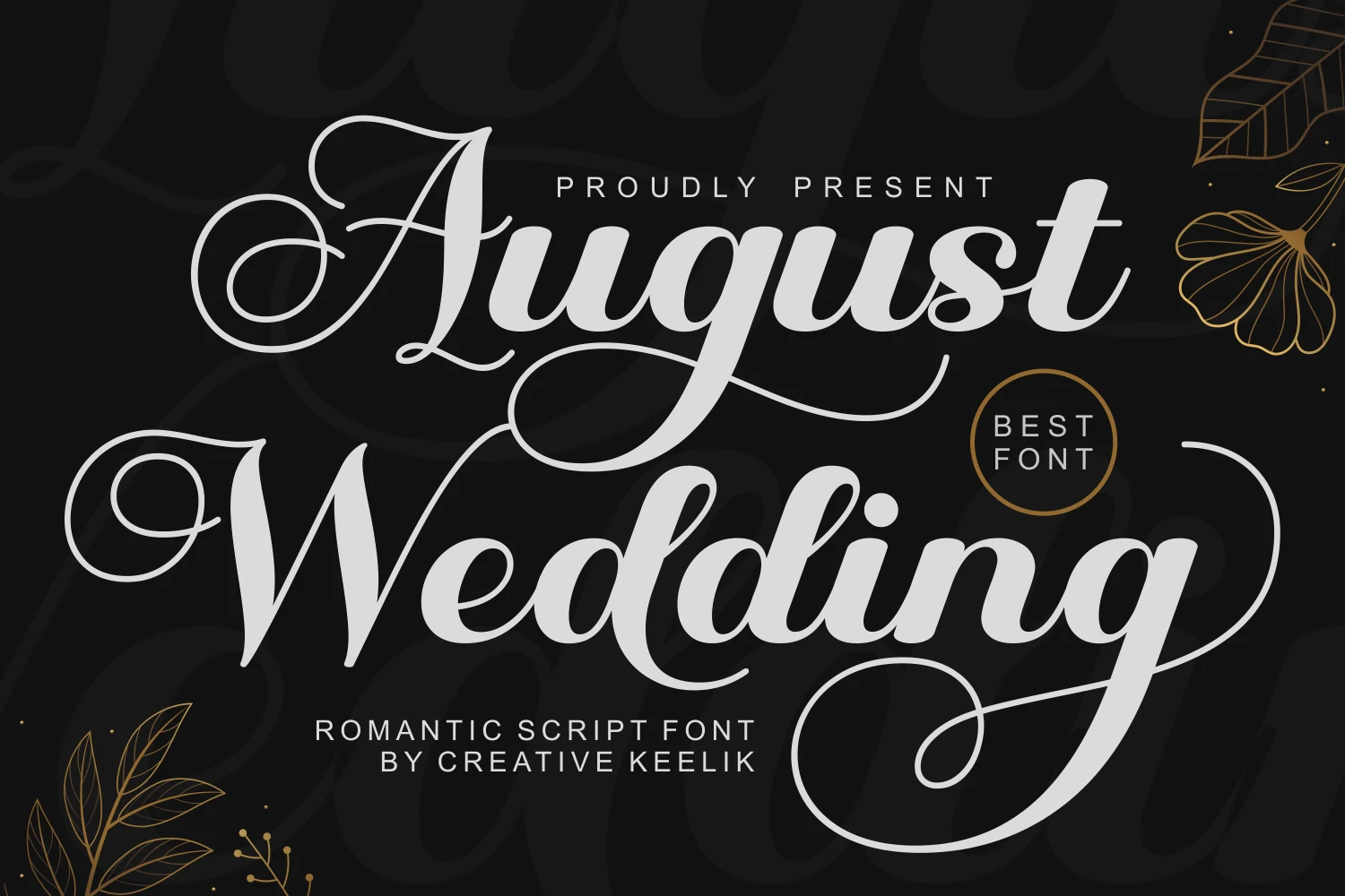 August Wedding Font preview in elegant high-contrast script with ornate swashes on a dark background