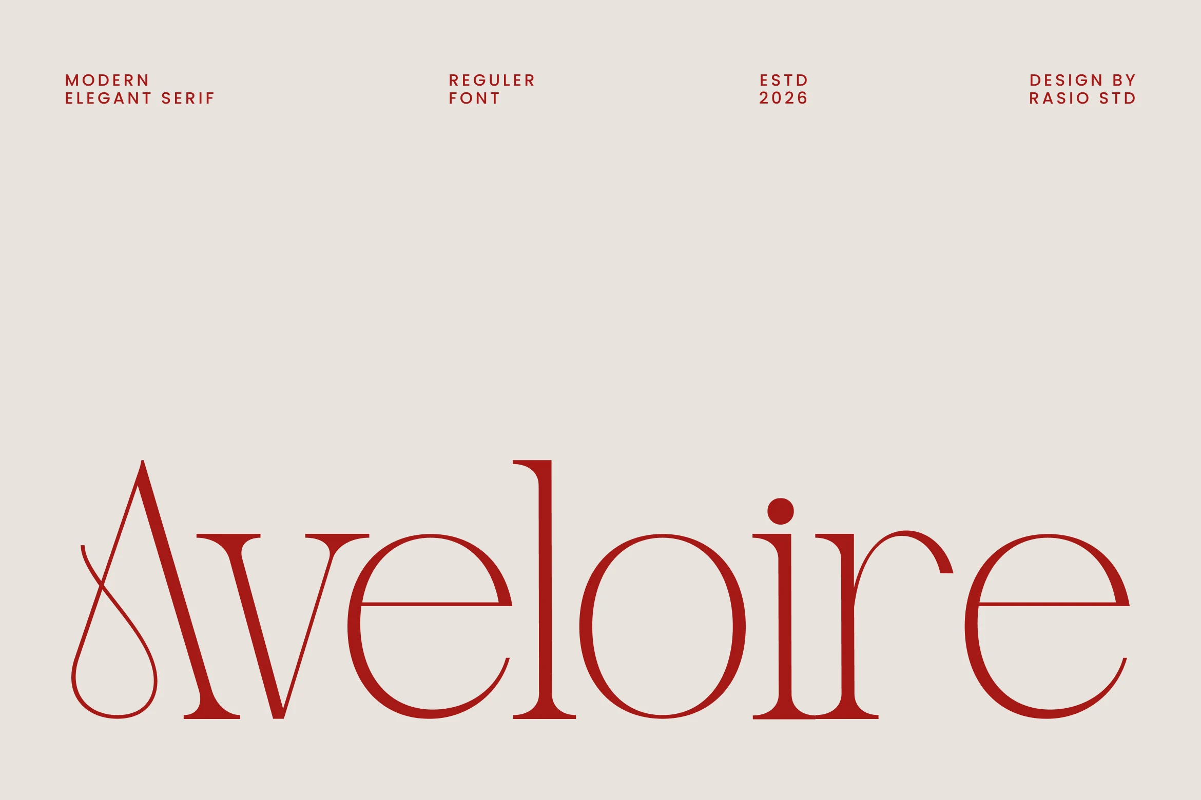Aveloire Font preview with red elegant serif lettering, thin contrast, and a decorative looped capital A