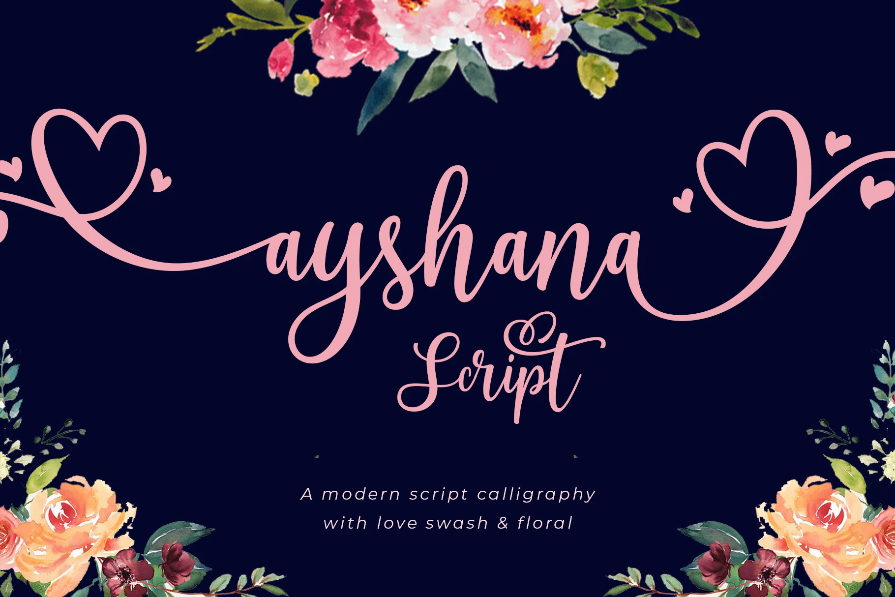 Ayshana Script Font preview in pink handwritten script with heart swashes and rounded letters