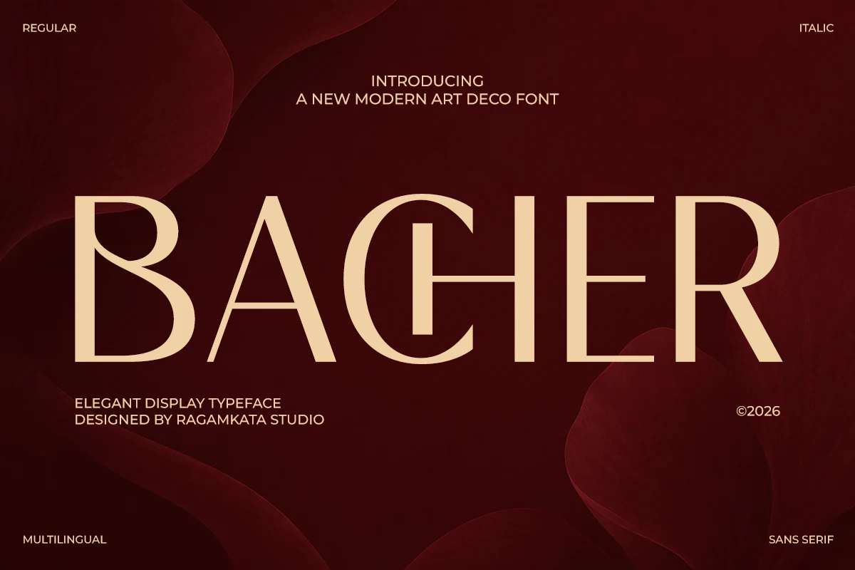 Bacher Font preview with cream high-contrast Art Deco sans serif lettering