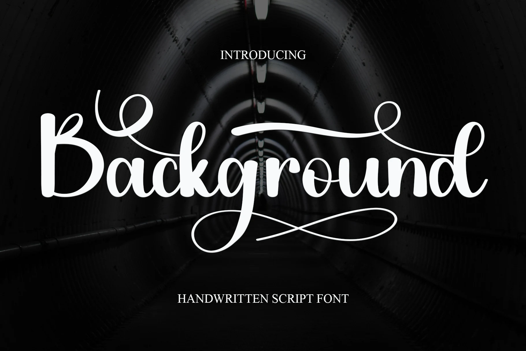 Background Font preview with white flowing handwritten script and long looping swashes