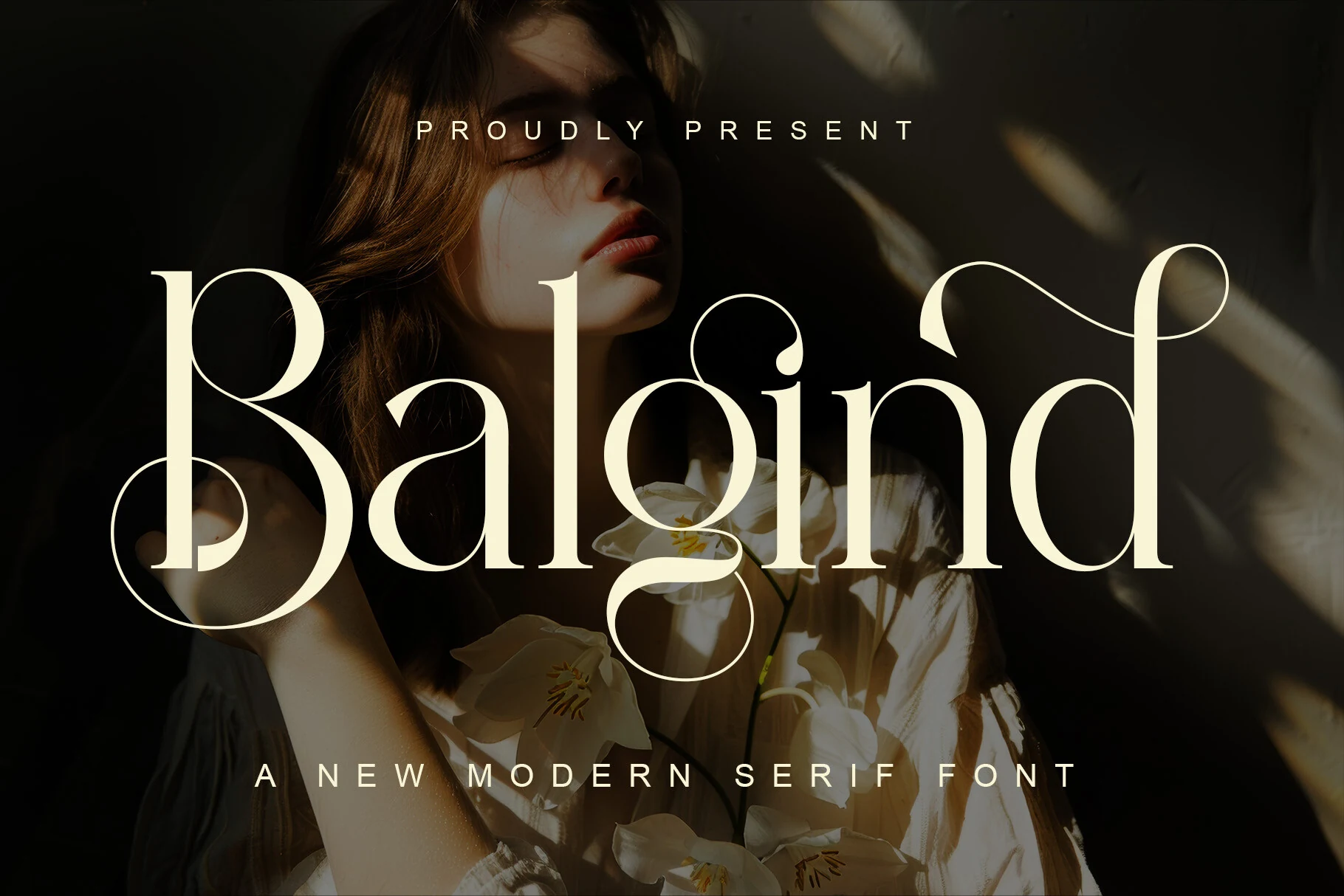 Balgind Modern Serif Font preview in elegant cream serif lettering with sweeping ligatures