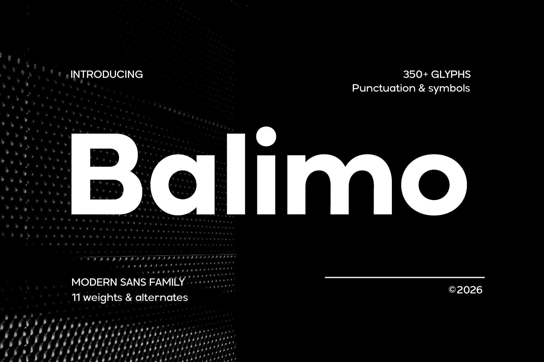 Balimo Font preview in bold geometric sans serif lettering with large white type on a black background