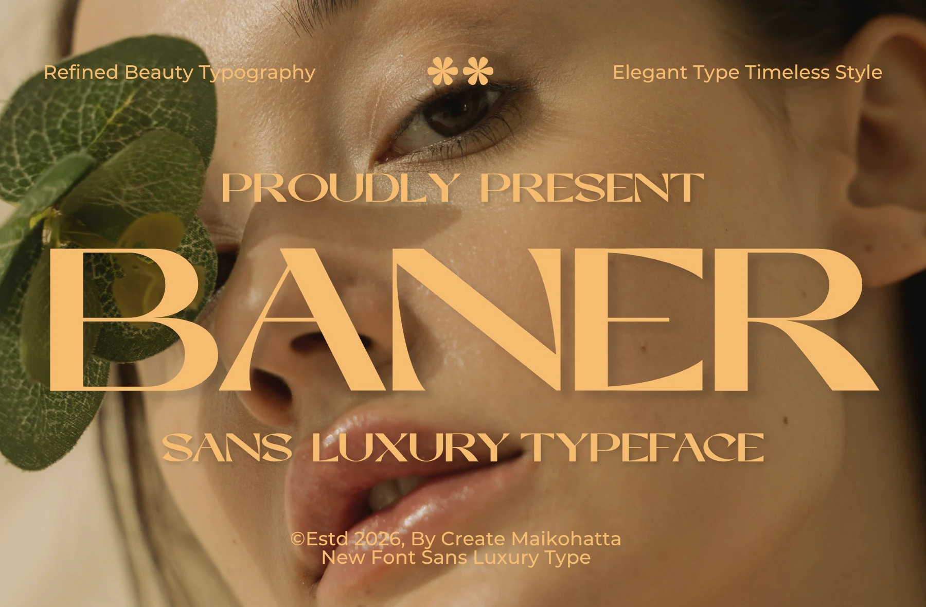 Baner Font preview with gold elegant sans serif lettering, high-contrast strokes, and luxury display styling