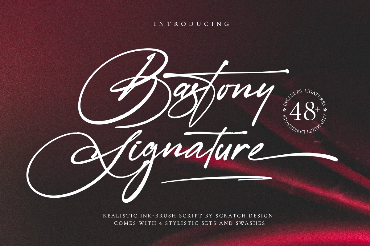 Bastony Signature Font preview in white ink-brush script with rough strokes, large loops, and underline swashes