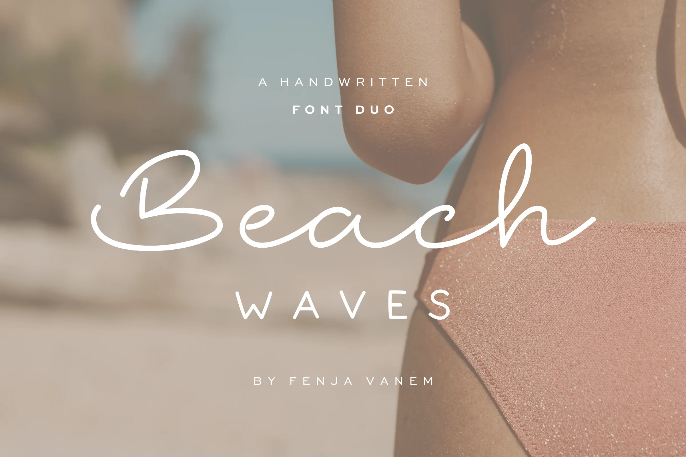 Beach Waves Duo Font preview with flowing white script and spaced uppercase lettering