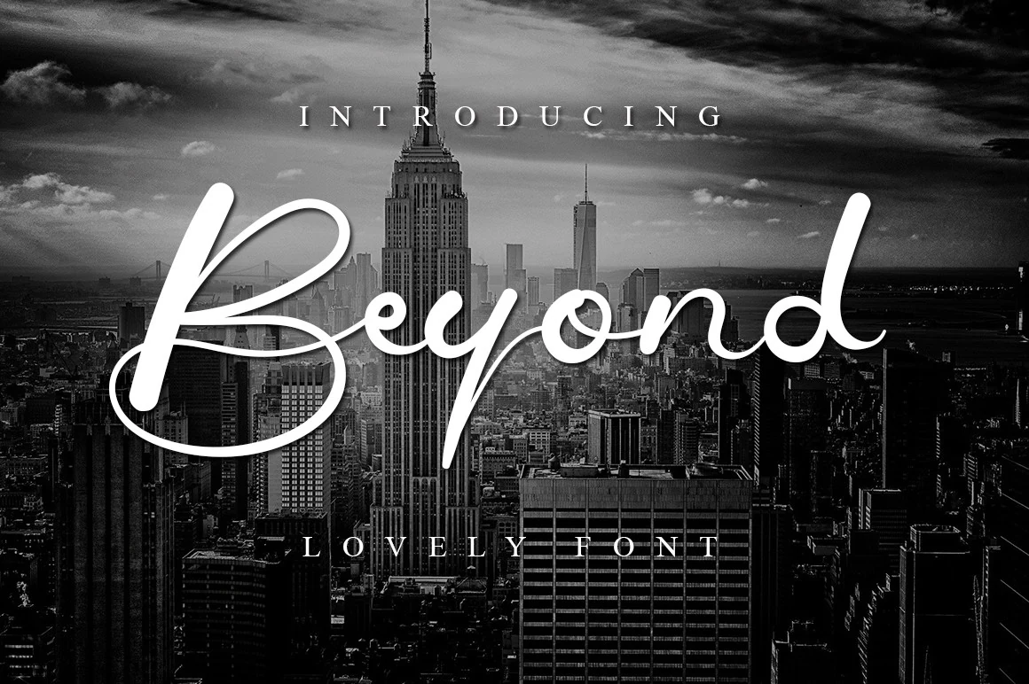 Beyond Font preview in white clean script with a large looped capital B and smooth connected strokes