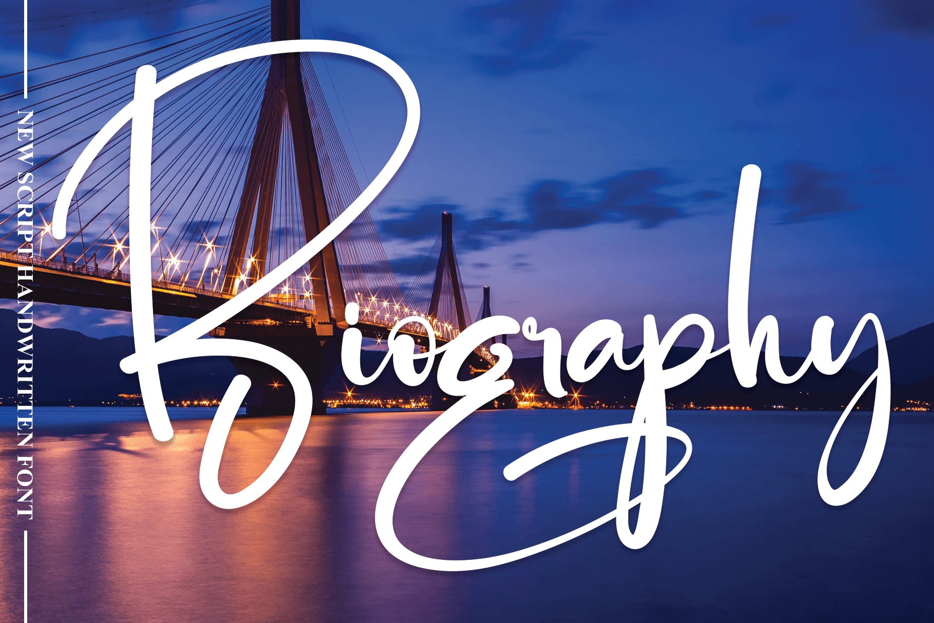 Biography Font white handwritten script with tall loops and long swashes on a night bridge preview
