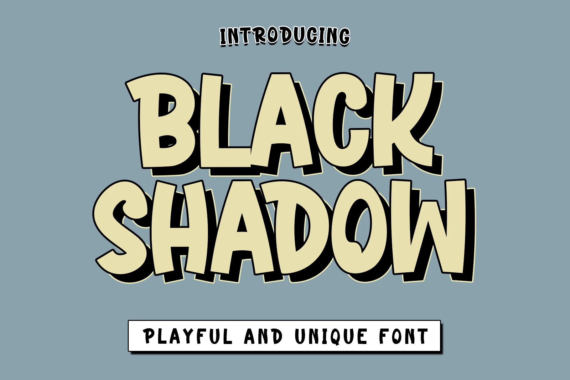 Black Shadow Font preview with chunky cream lettering, black drop shadow, and playful rounded shapes