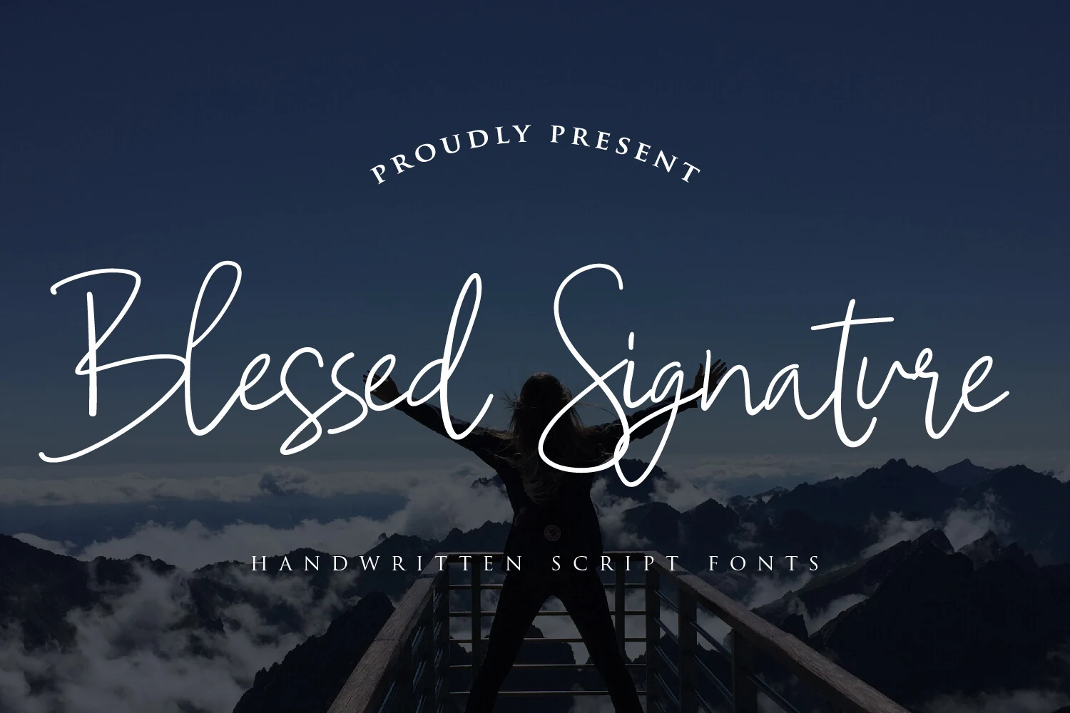 Blessed Signature Font preview with white handwritten script, thin flowing strokes, and airy looping letters