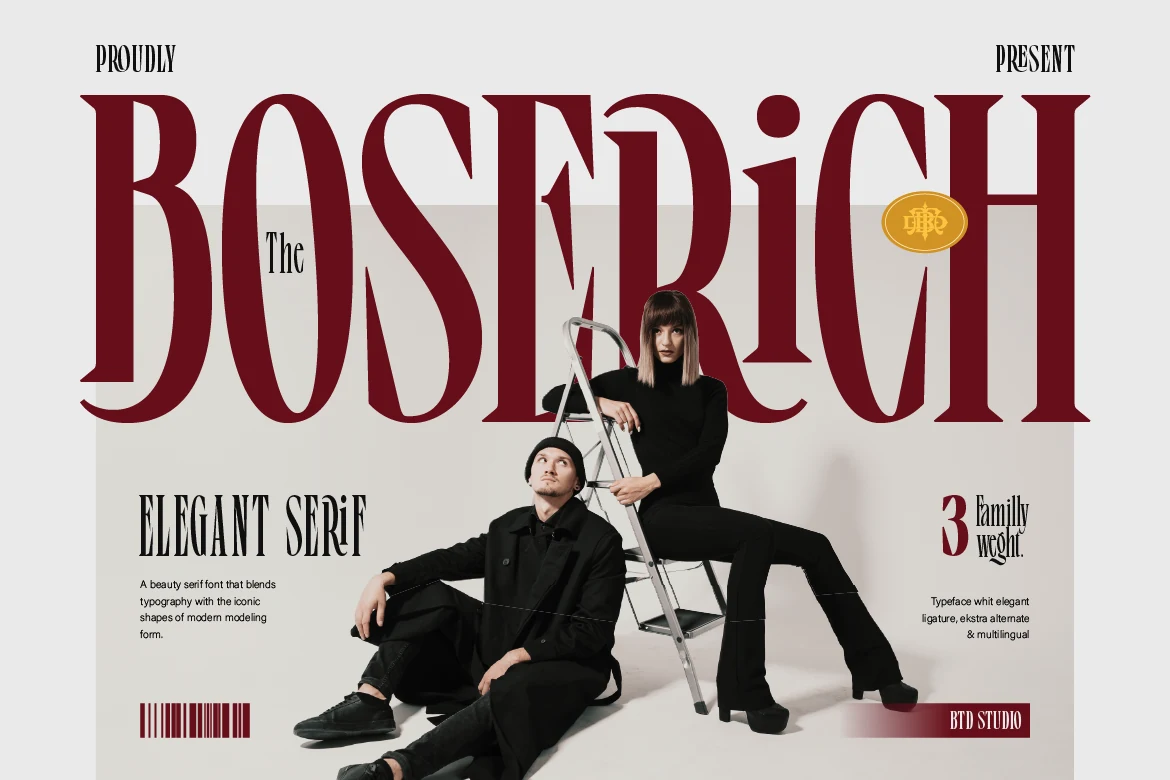 Boserich Font preview with tall red serif lettering and bold editorial contrast