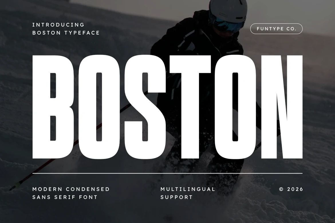 Boston Font preview with tall white condensed sans serif lettering