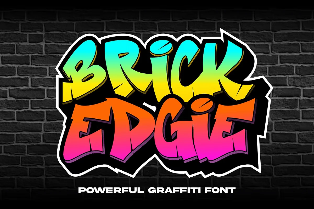 Brick Edgie Font preview with bold graffiti lettering, sharp angular shapes, and rainbow color blend