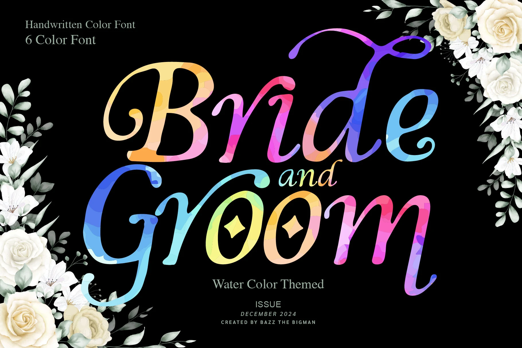 Bride and Groom Font preview with colorful watercolor script lettering and elegant swashes