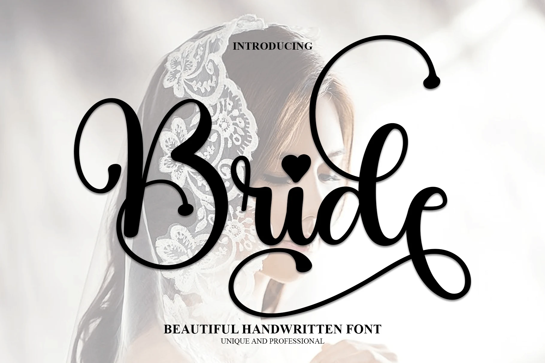 Bride Font preview in elegant black script with oversized swashes and long looping descenders