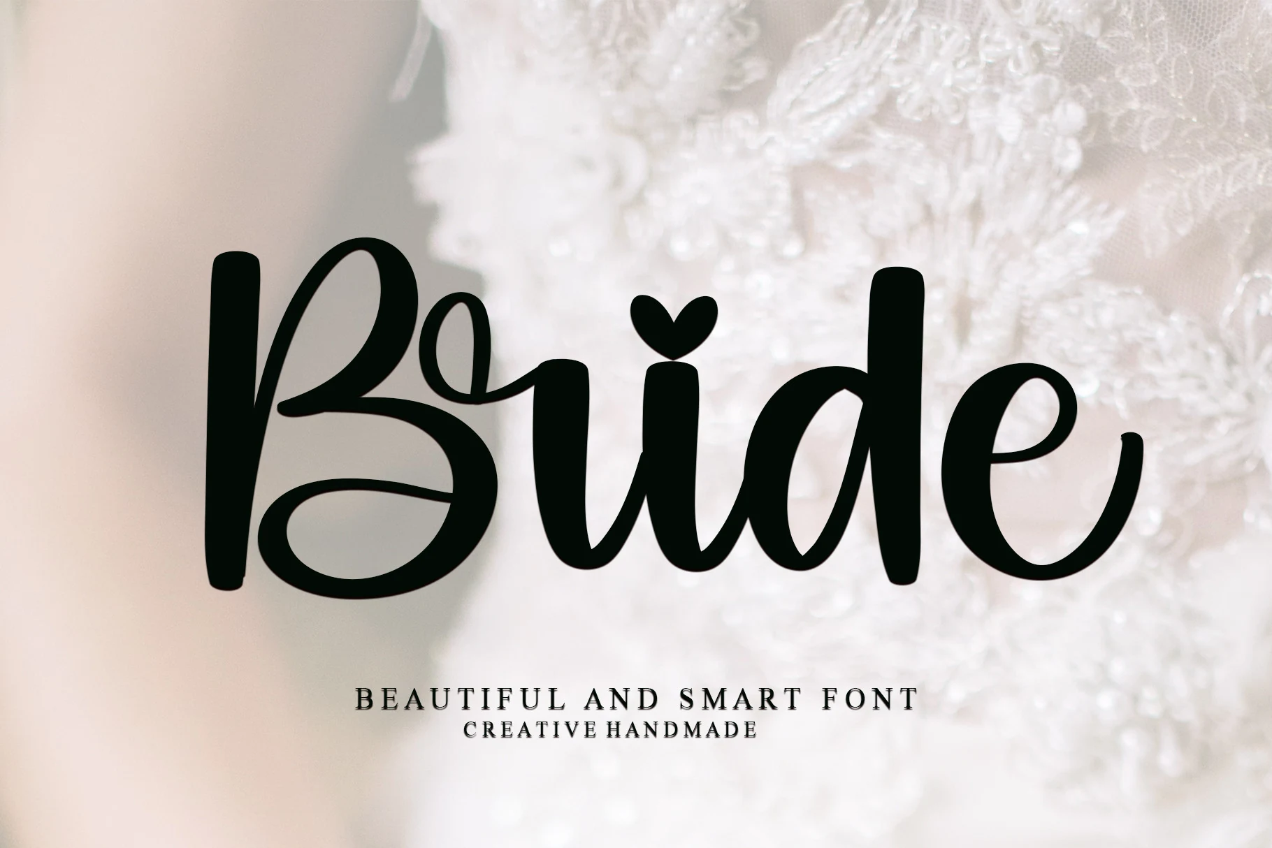 Bride Font preview with bold black handwritten script, oversized looping swashes, and wedding styling