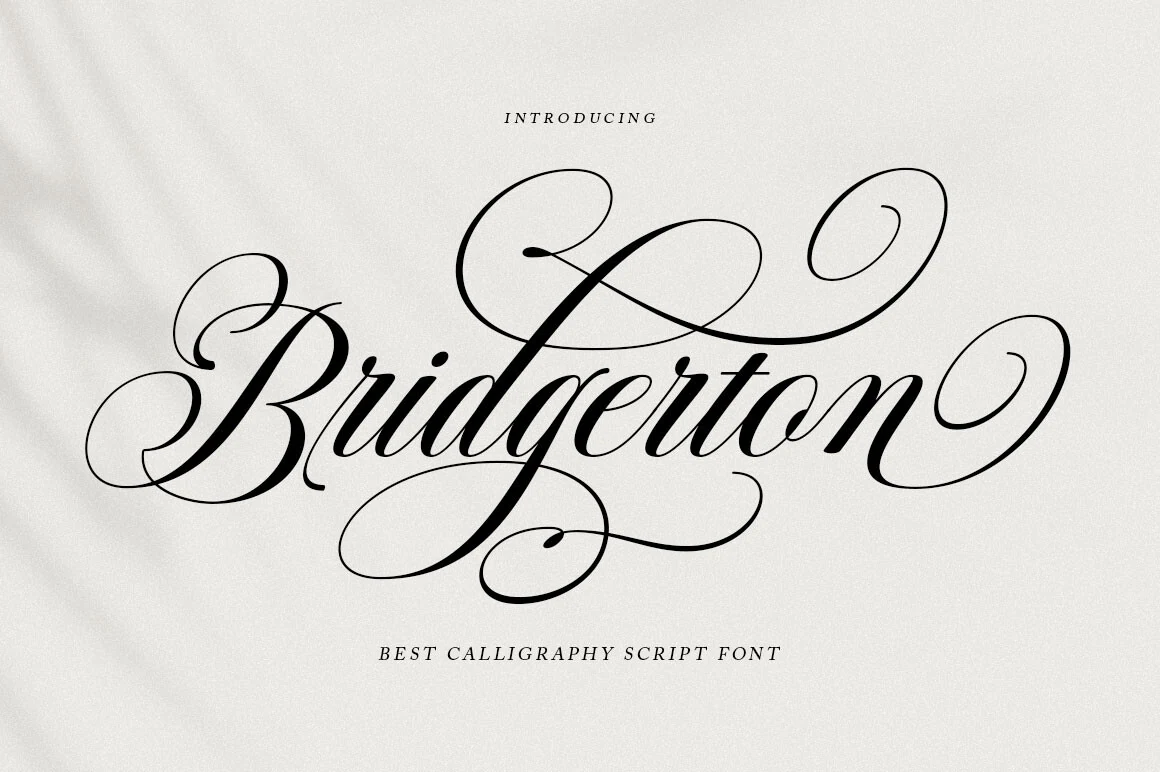 Bridgerton Font preview in elegant black copperplate script with dramatic flourishes and thin hairlines