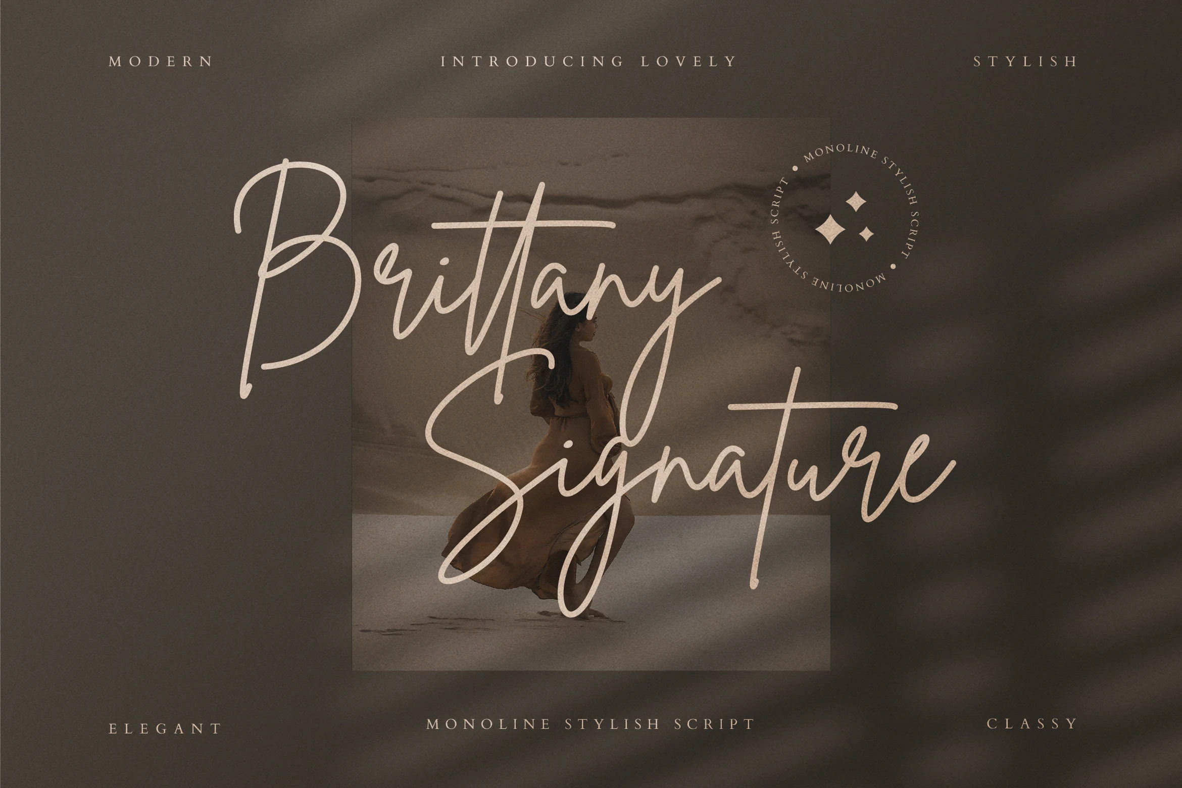 Brittany Signature Script Font preview with soft monoline signature lettering, tall loops, and flowing handwritten strokes