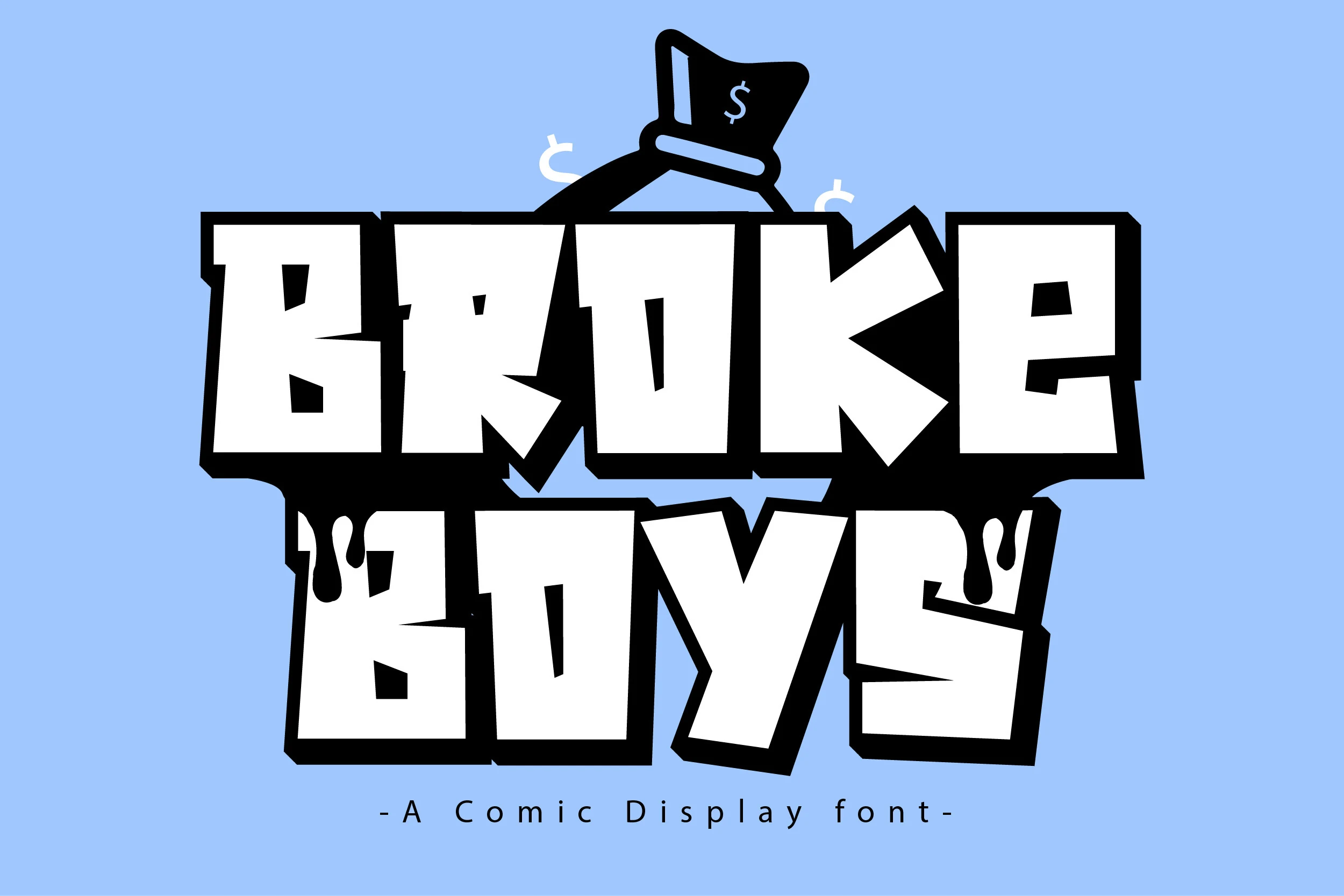 Broke Boys Font preview with chunky comic block letters, thick black outline, and drippy cartoon details