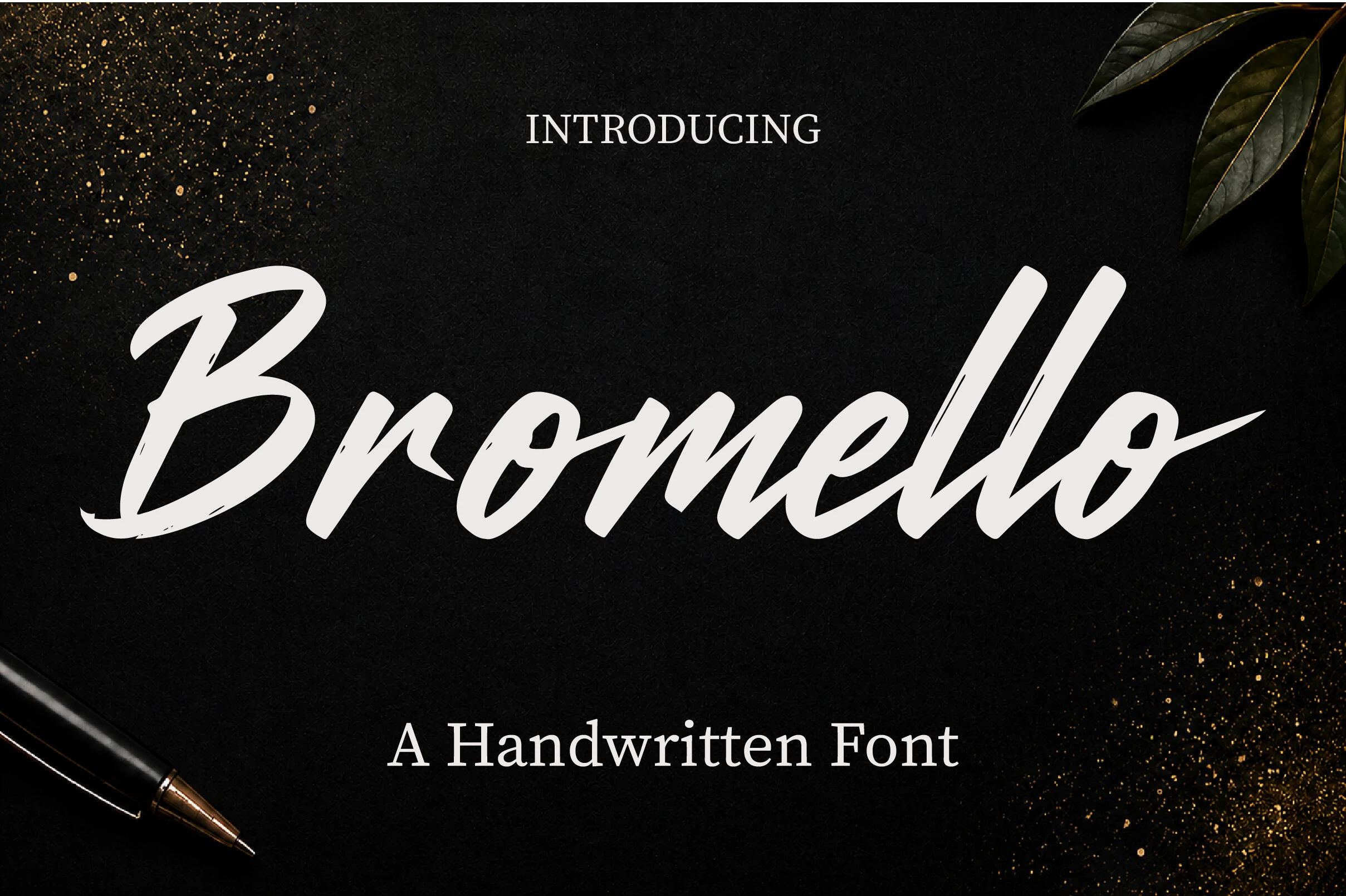 Bromello Font preview with white flowing brush script lettering for logo design