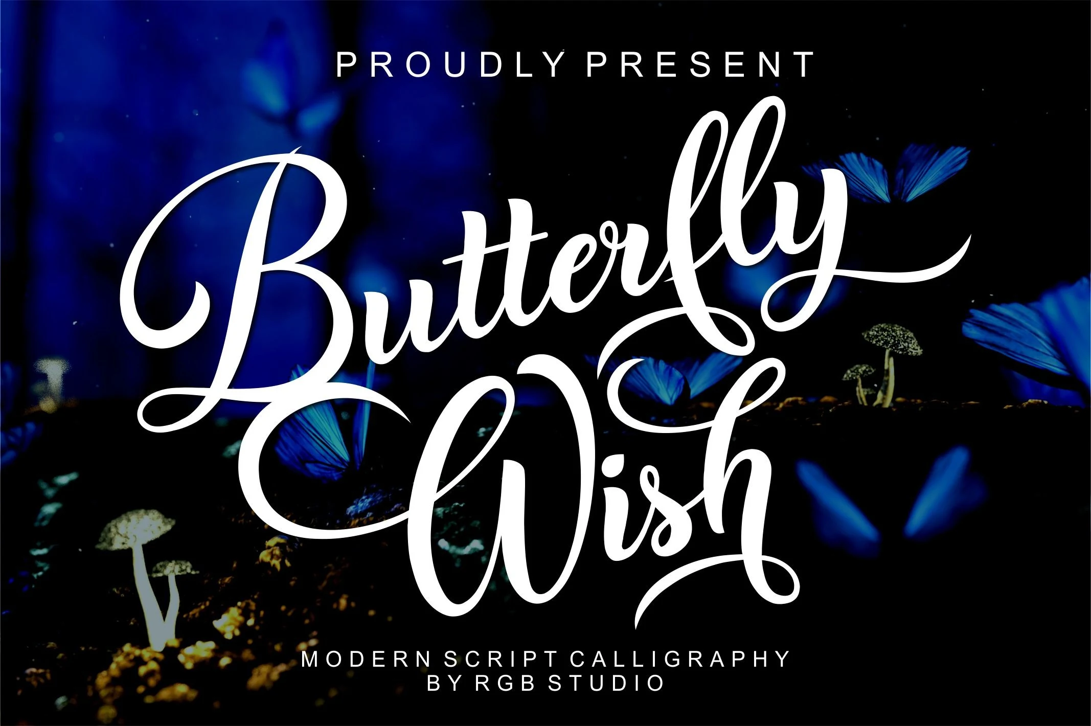 Butterfly Wish Font preview in large white cursive script with sweeping swashes and looped capitals