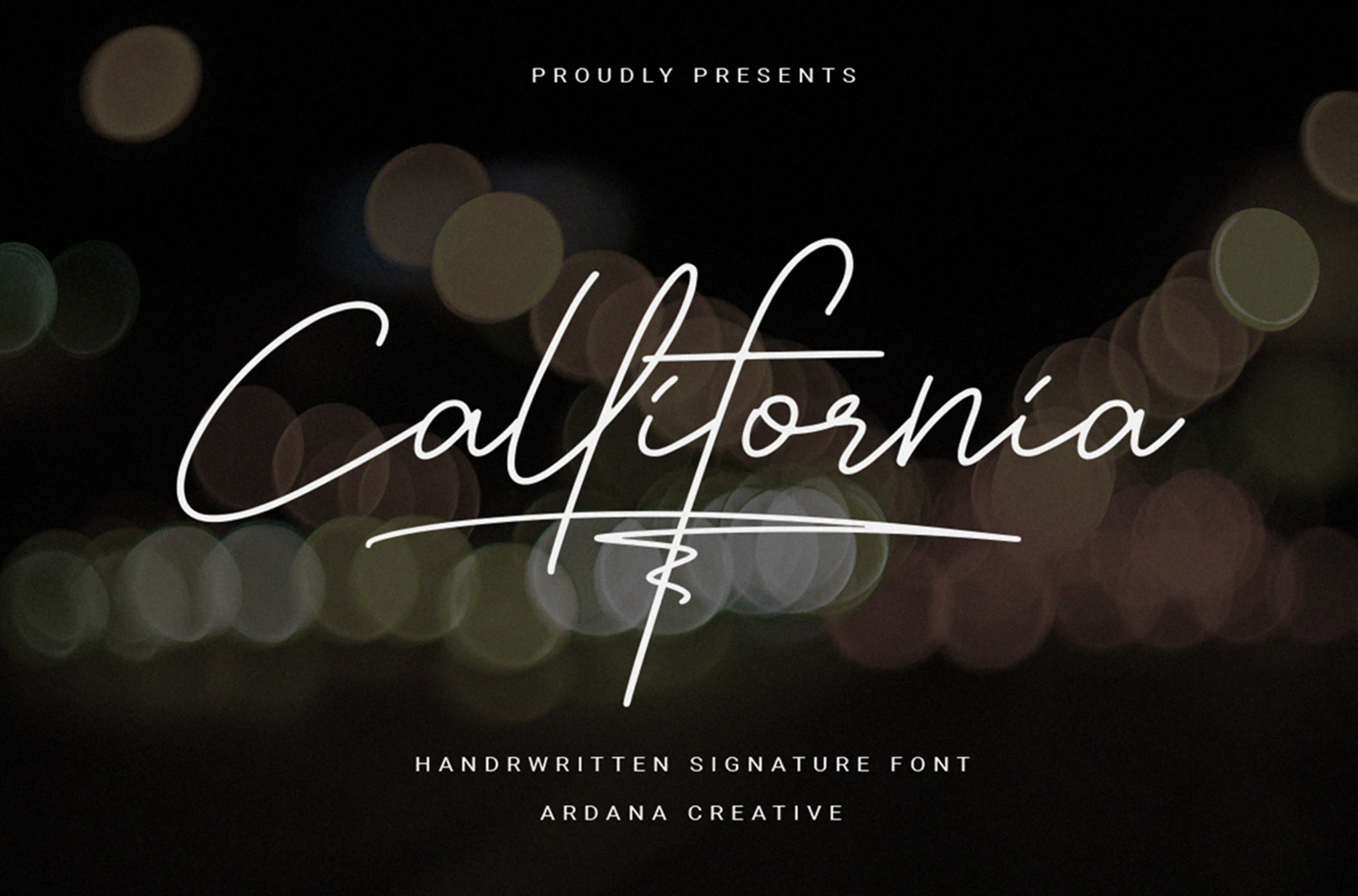 Callifornia Font preview in thin white signature script with a long crossing swash