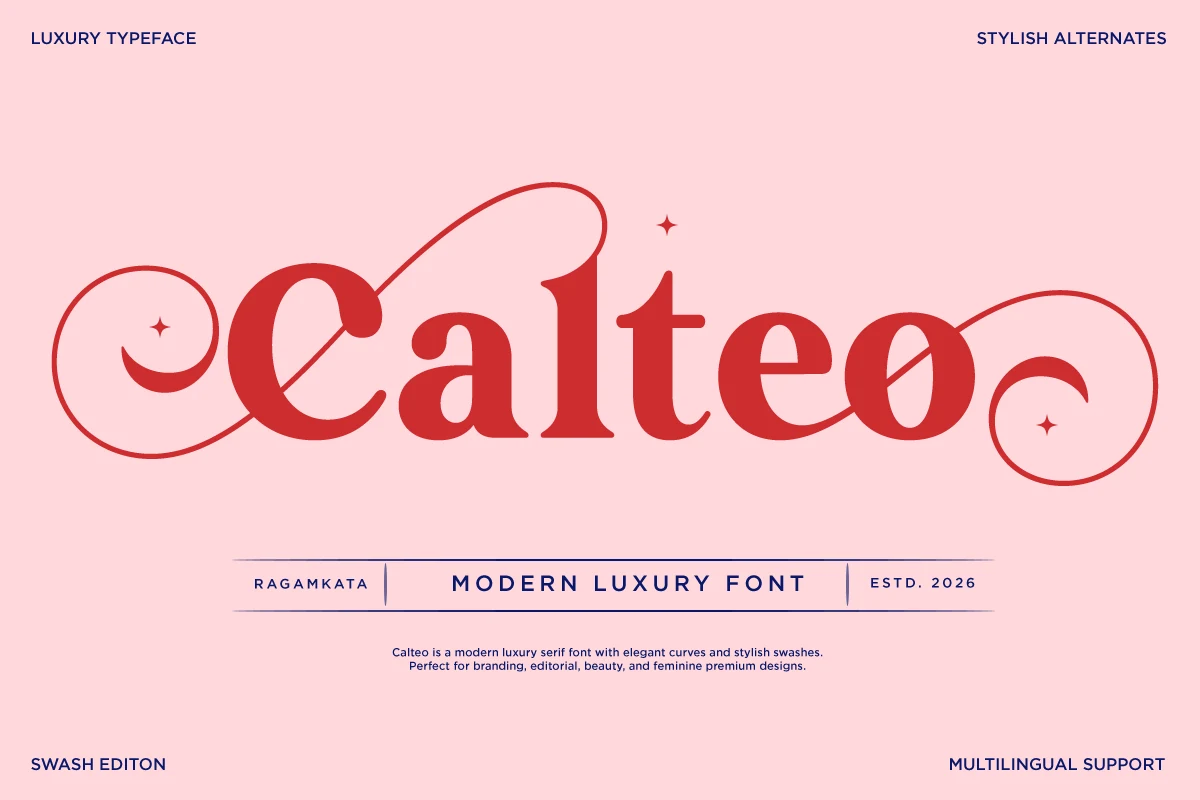 Calteo Font preview with high-contrast serif letters, sweeping swashes, and bold red lettering