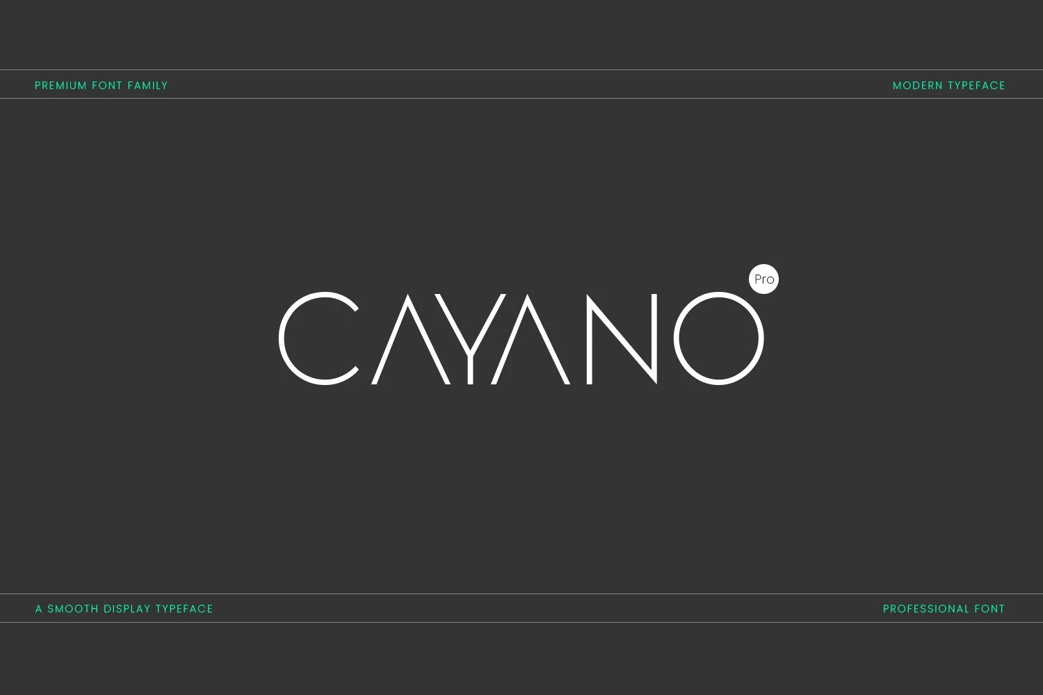 Cayano Pro Font preview with thin geometric white sans serif lettering