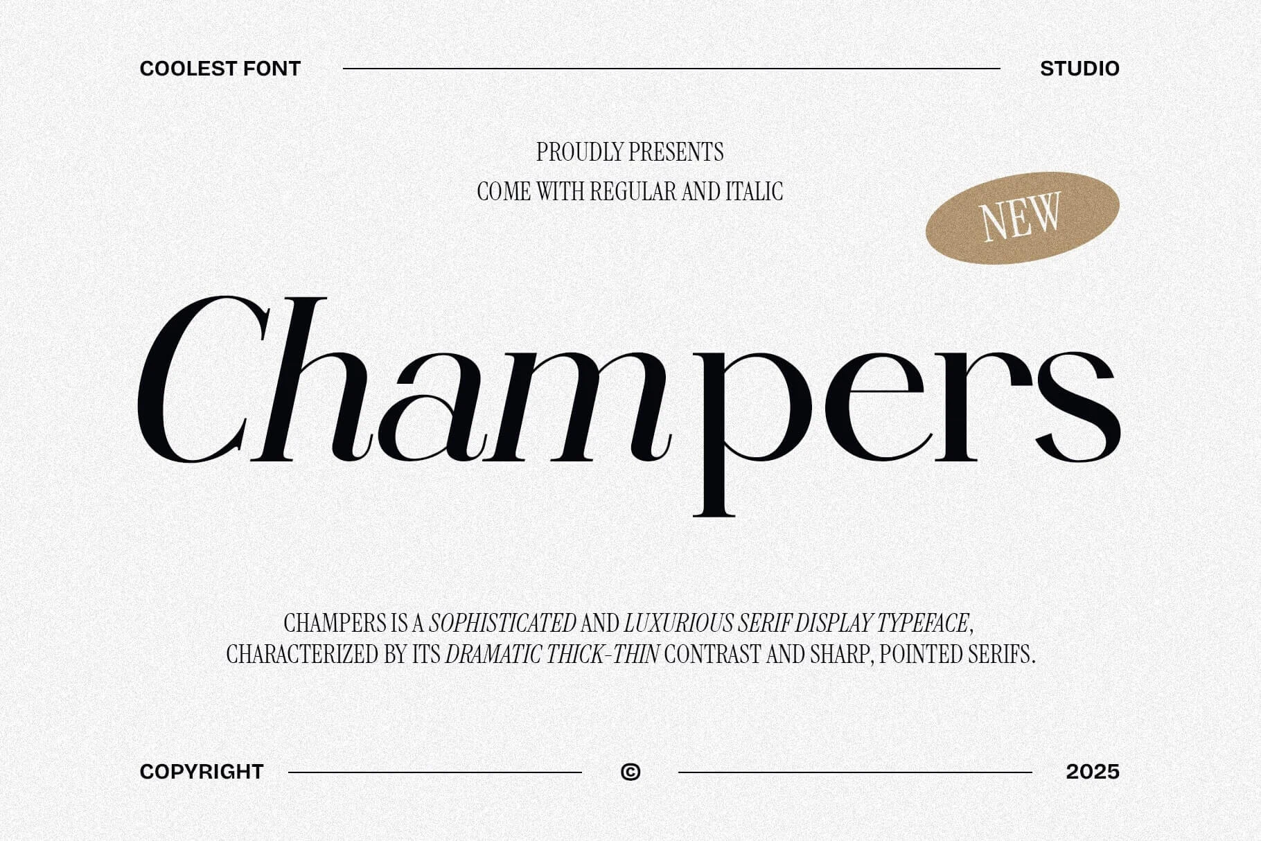 Champers Font preview with high-contrast serif lettering and sharp pointed serifs
