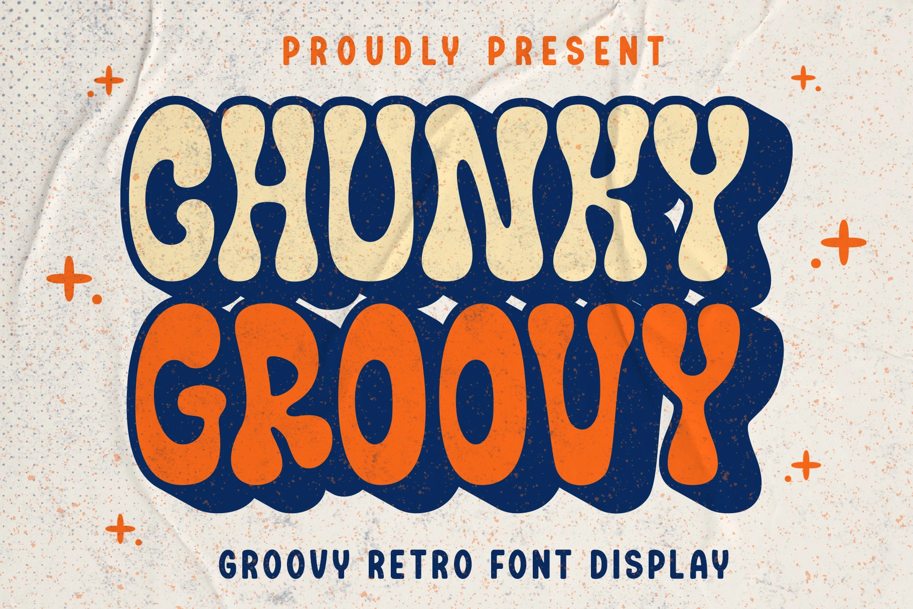 Chunky Groovy Font preview with bold rounded retro bubble lettering in orange and cream