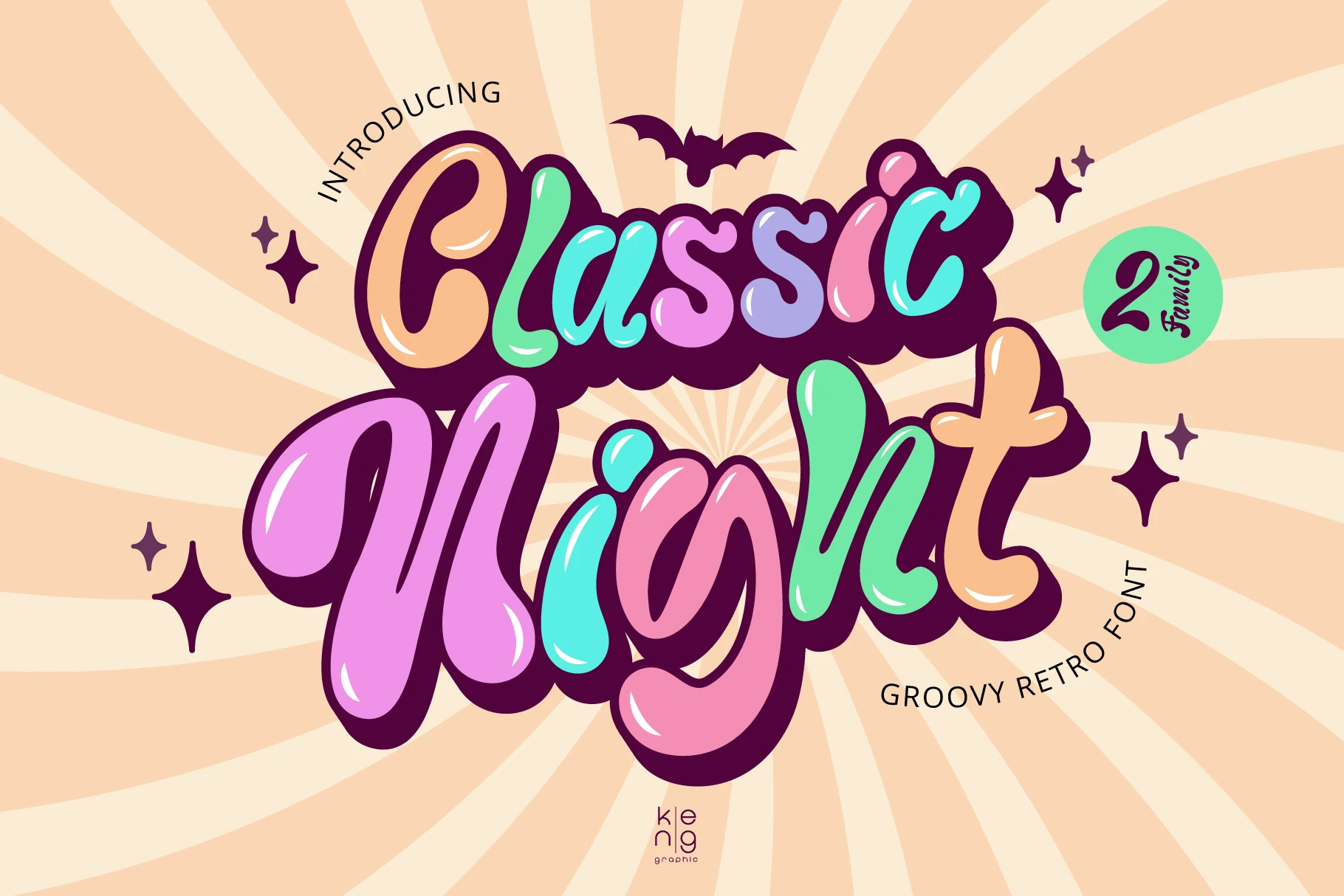 Classic Night Font preview with colorful bubble-style retro lettering and thick dark shadowing