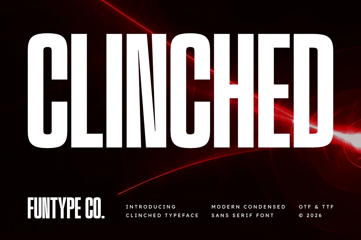 Clinched Font preview with tall white condensed sans serif lettering