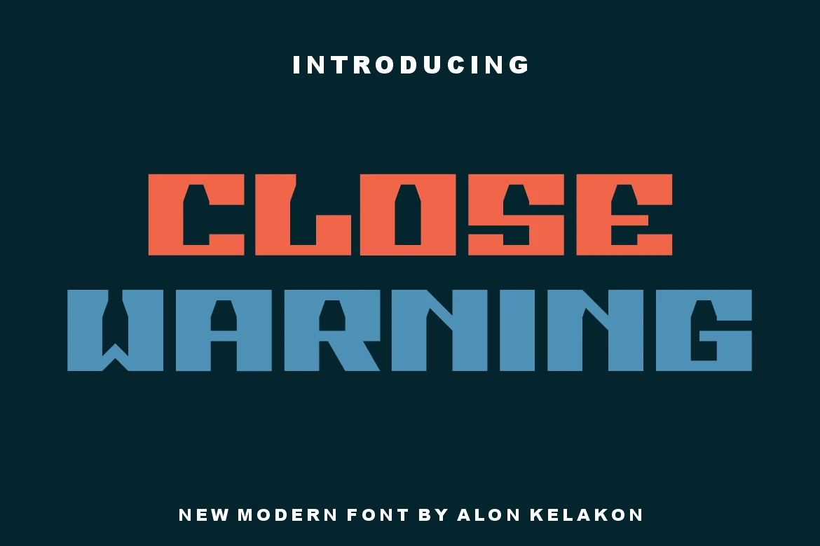 Close Warning Font preview with heavy blocky sans serif lettering and sharp angular cutouts