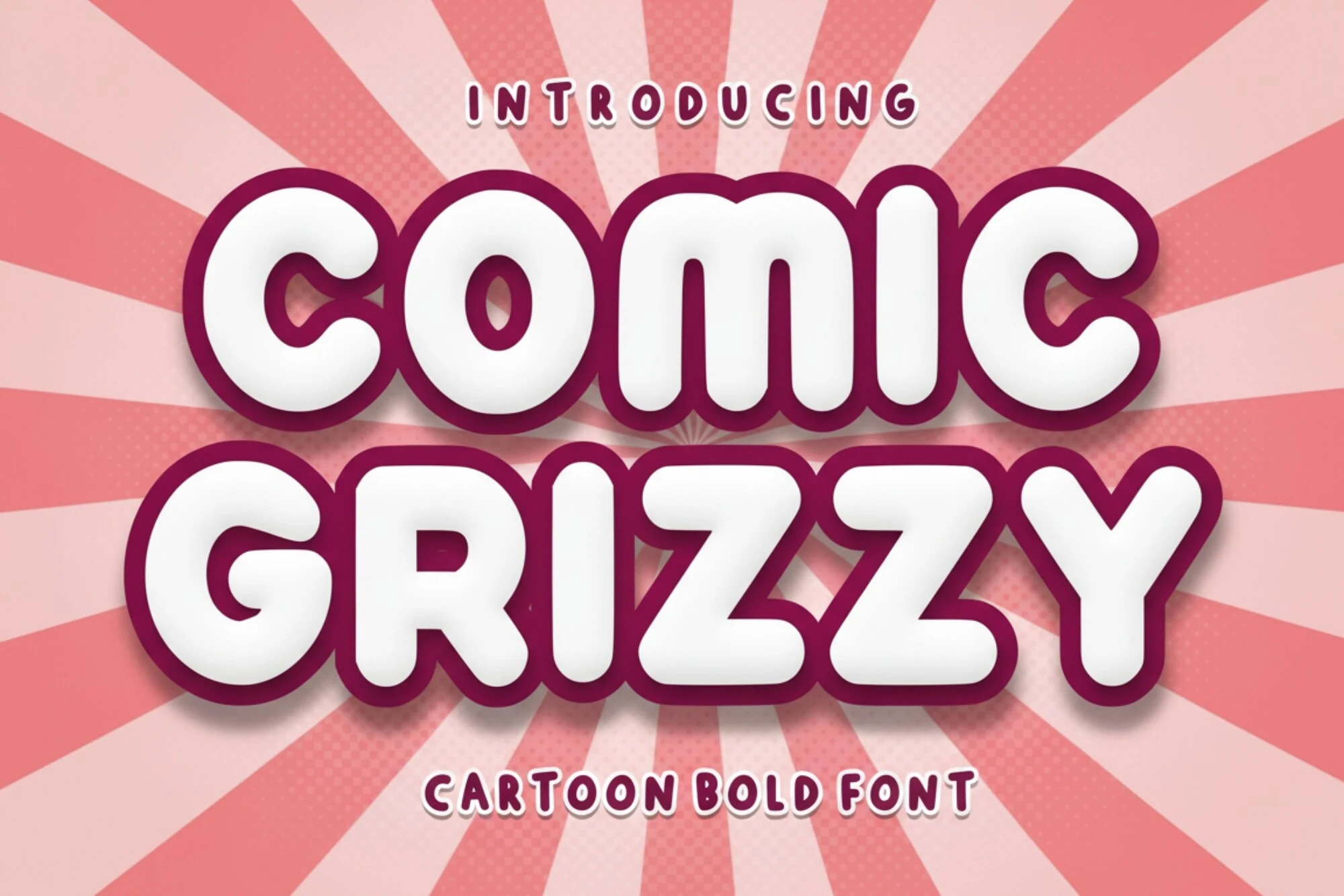 Comic Grizzy Font preview with bold rounded white cartoon letters and thick pink outline