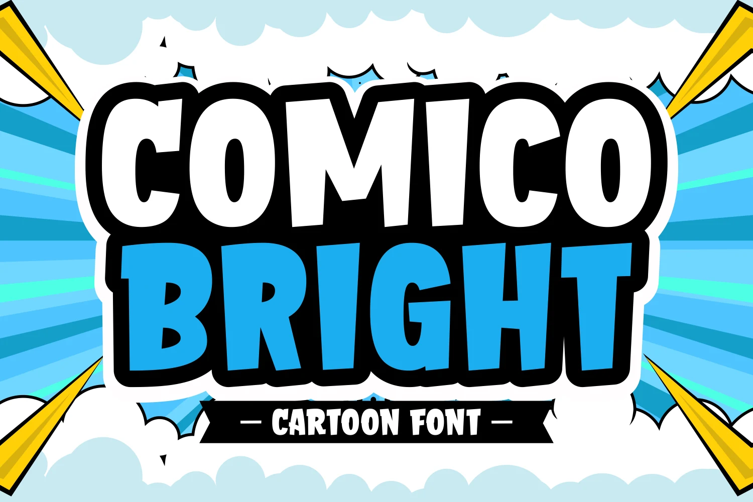 Comico Bright Font preview with bold comic block letters, thick black outline, and blue fill