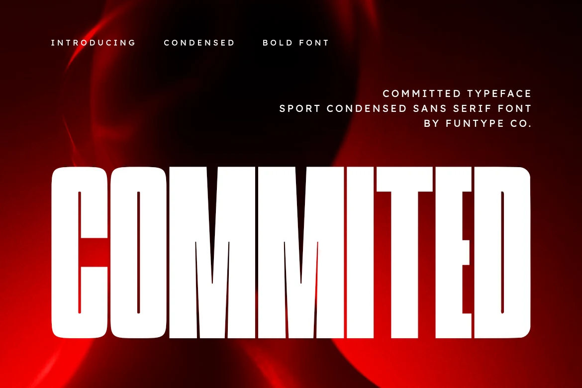 Commited Font preview with tall white sport condensed sans serif lettering
