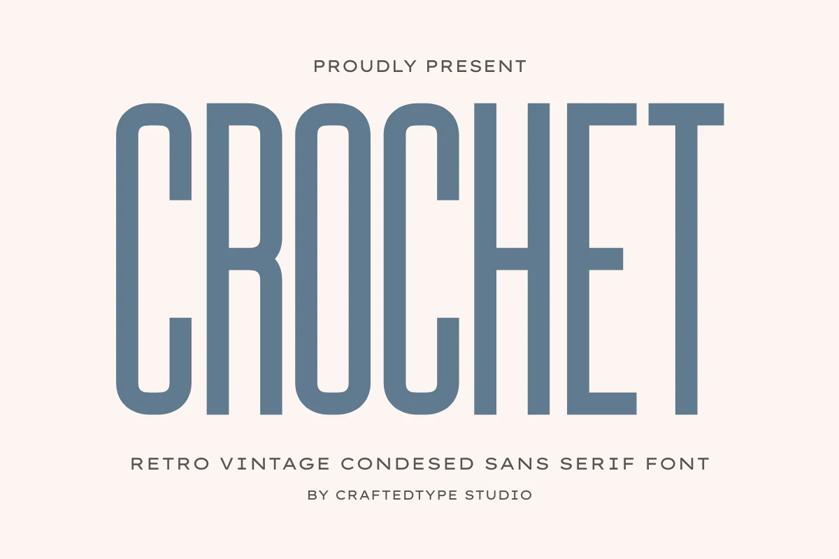 Crochet Font preview in tall condensed blue-gray retro sans lettering